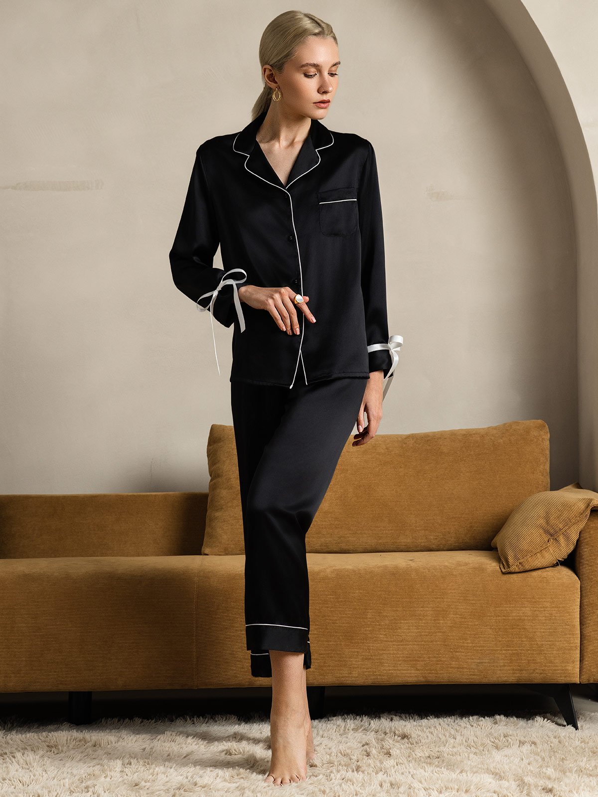 [Black] SilkSilky-CA Pure Silk Long Sleeve Lapel Women's Pajamas 008
