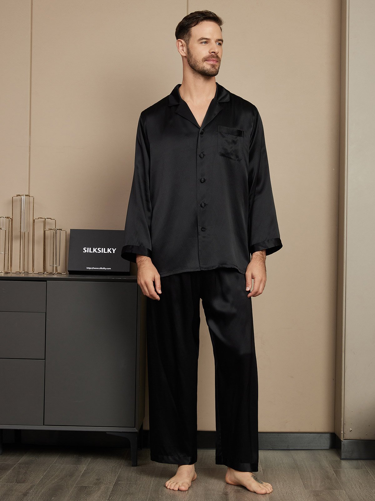 [Black] SilkSilky-CA Pure Silk Long Sleeve Mens Pajamas 001