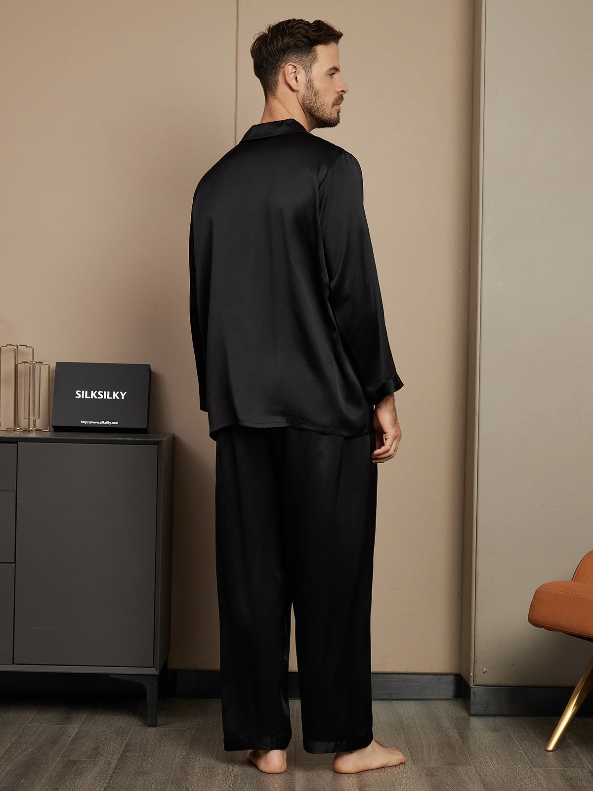 [Black] SilkSilky-CA Pure Silk Long Sleeve Mens Pajamas 002