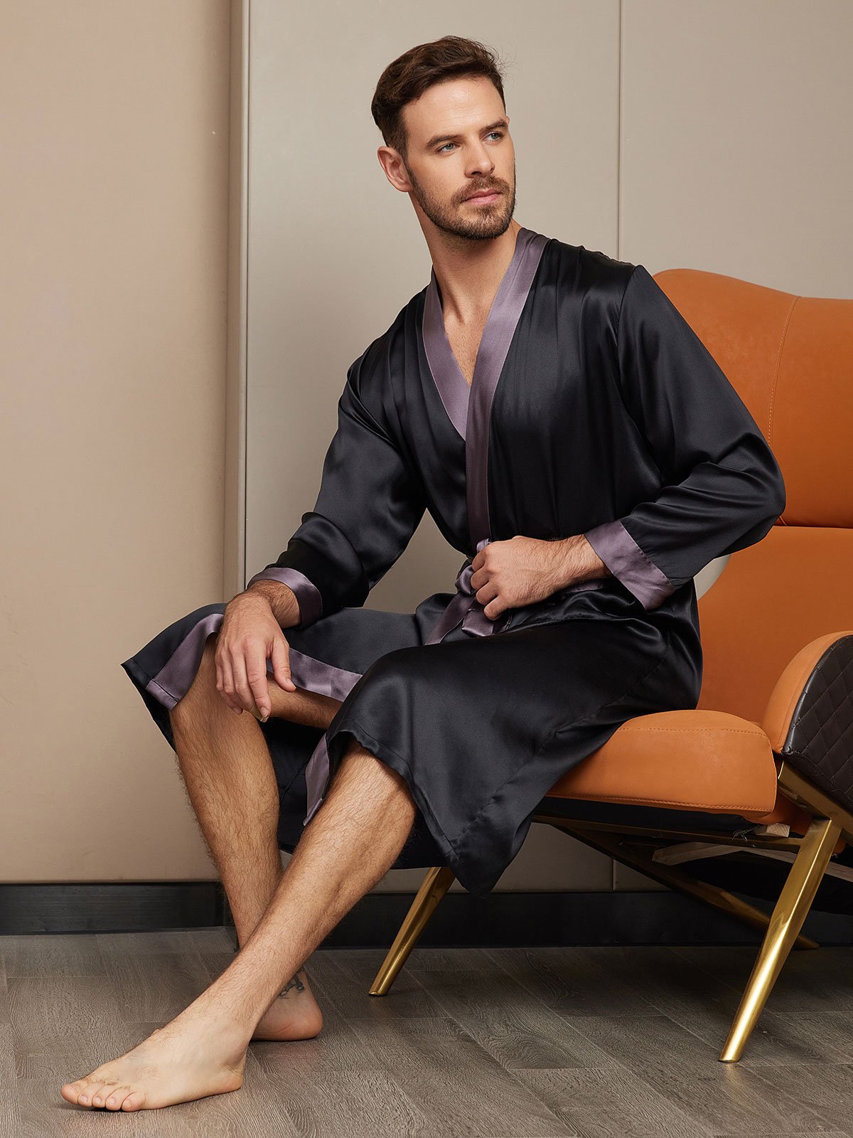 [Black] SilkSilky-CA Pure Silk Long Sleeve Mens Robe 004