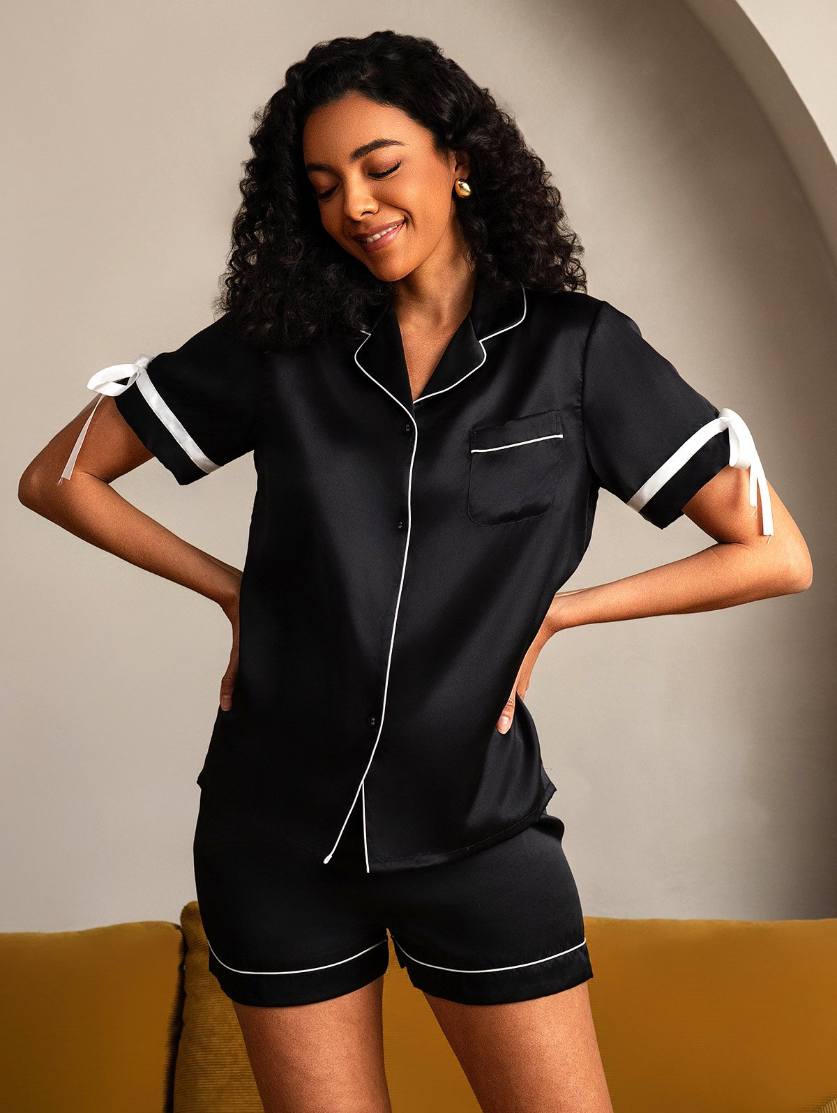 [Black] SilkSilky-CA Pure Silk Short Sleeve Lapel Women's Pajamas 001