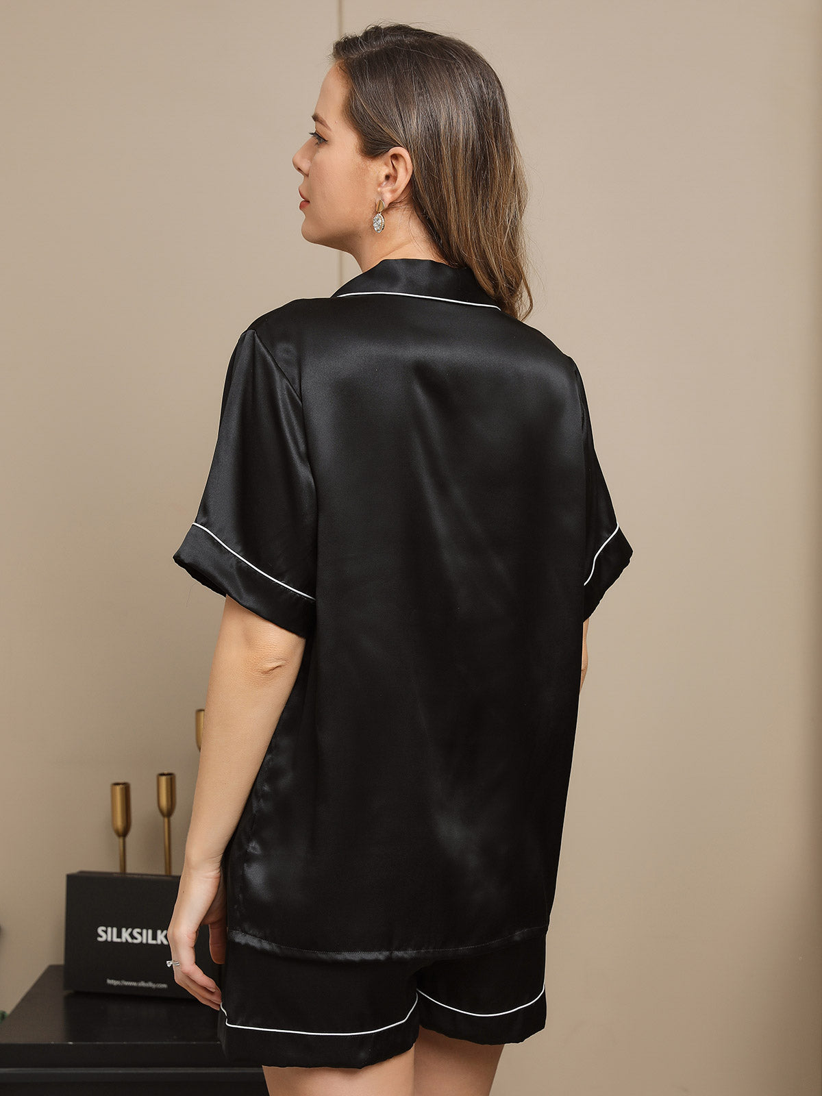 [Black] SilkSilky-CA Pure Silk Short Sleeve Lapel Women's Pajamas 002
