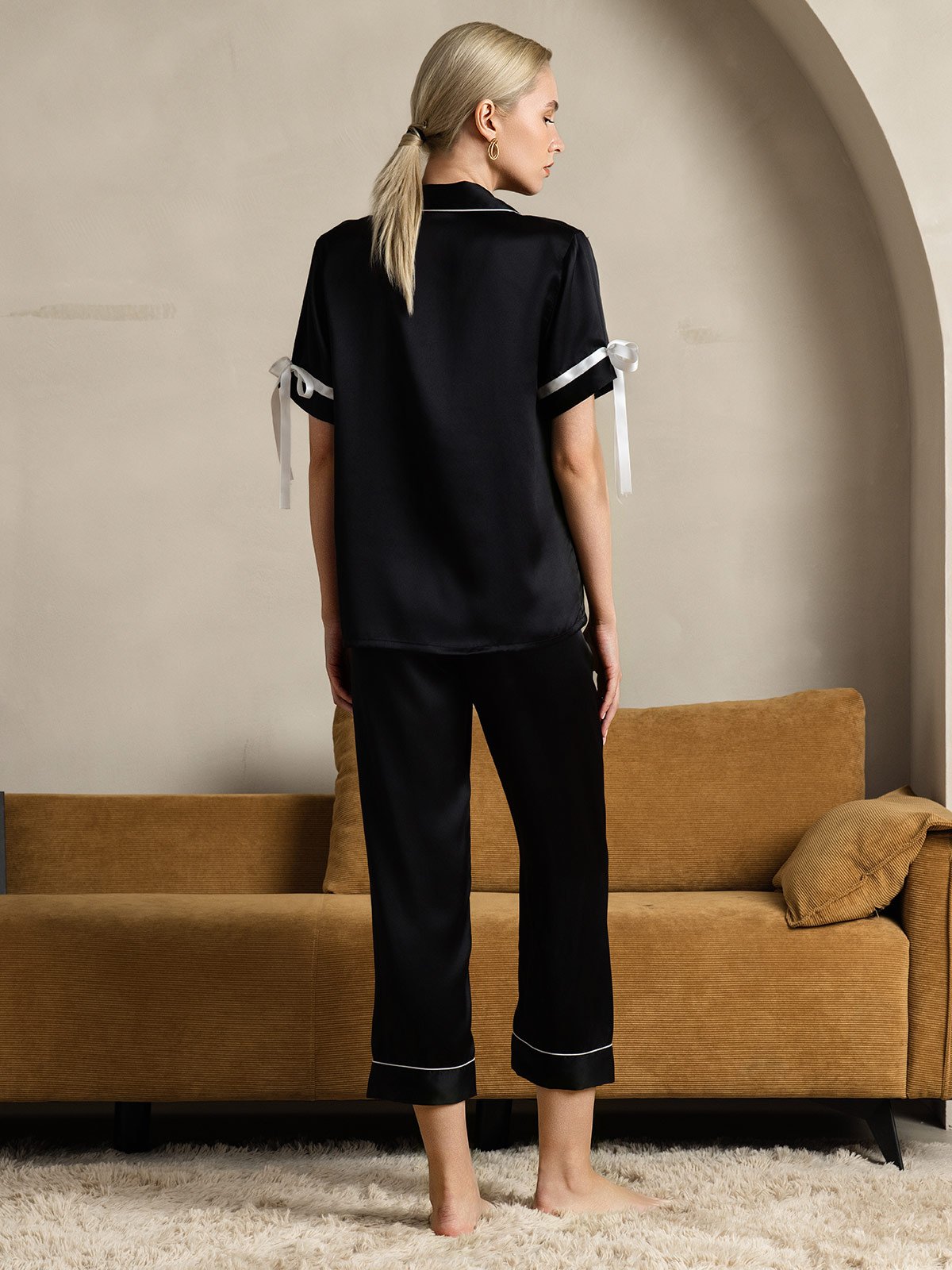 [Black] SilkSilky-CA Pure Silk Short Sleeve Lapel Women's Pajamas 002