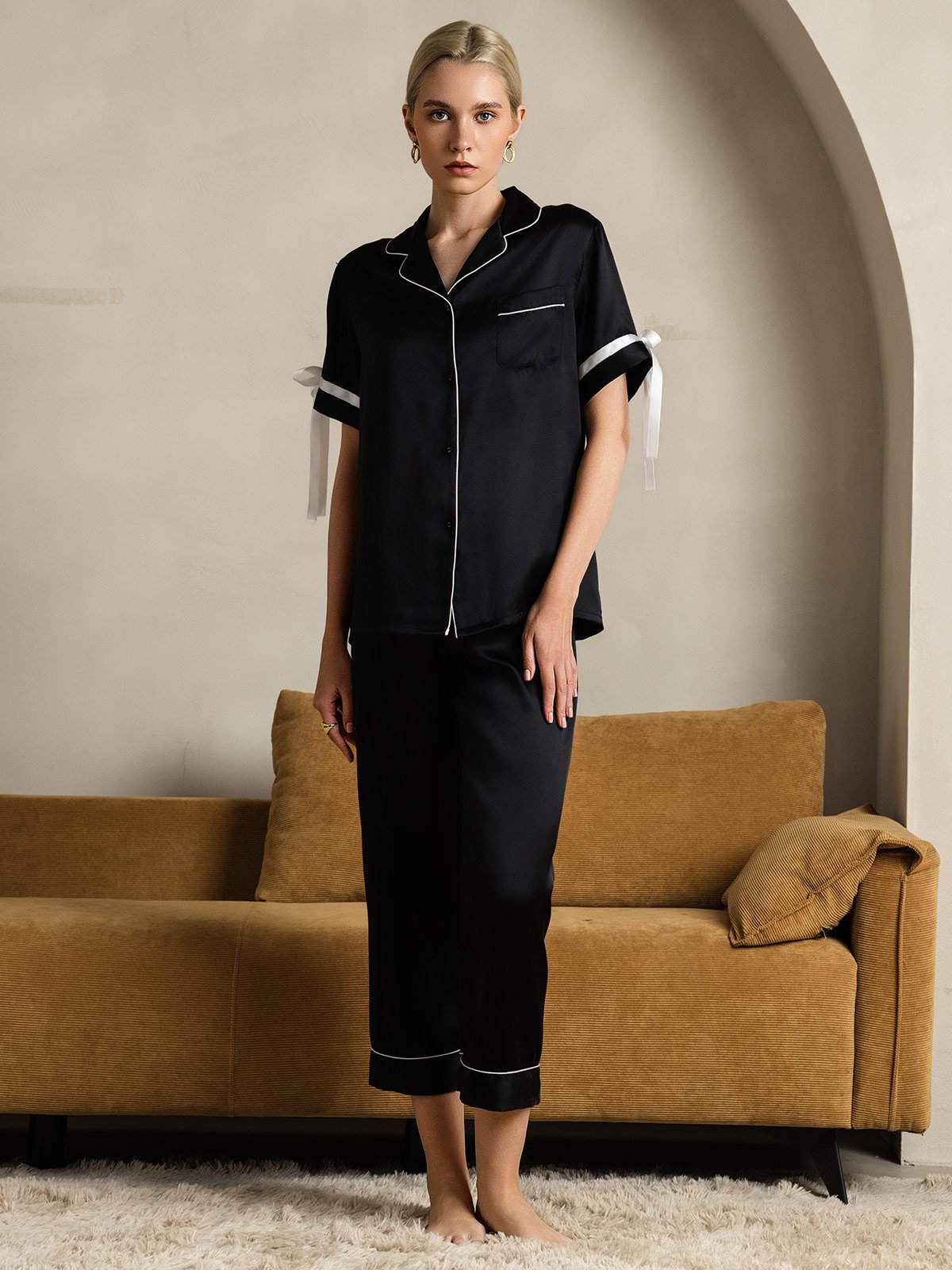 [Black] SilkSilky-CA Pure Silk Short Sleeve Lapel Women's Pajamas 003