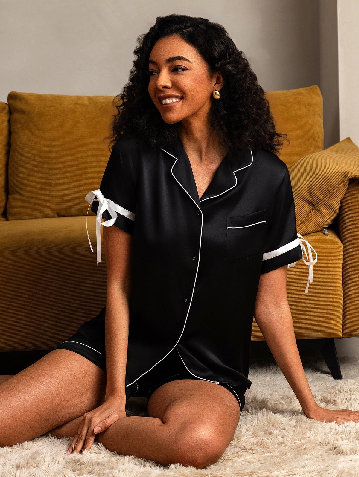[Black] SilkSilky-CA Pure Silk Short Sleeve Lapel Women's Pajamas 007