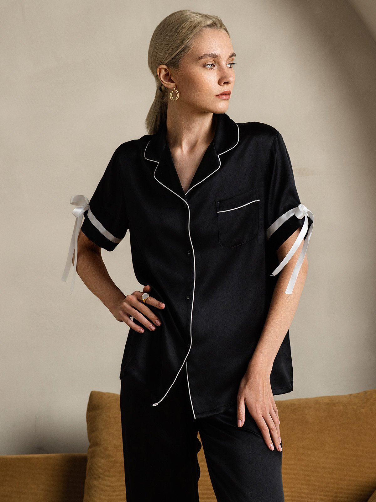 [Black] SilkSilky-CA Pure Silk Short Sleeve Lapel Women's Pajamas 008