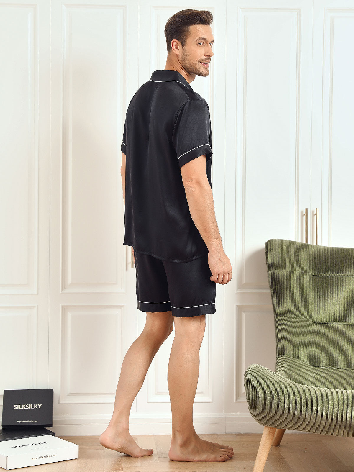 [Black] SilkSilky-CA Pure Silk Short Sleeve Mens Pajamas 002