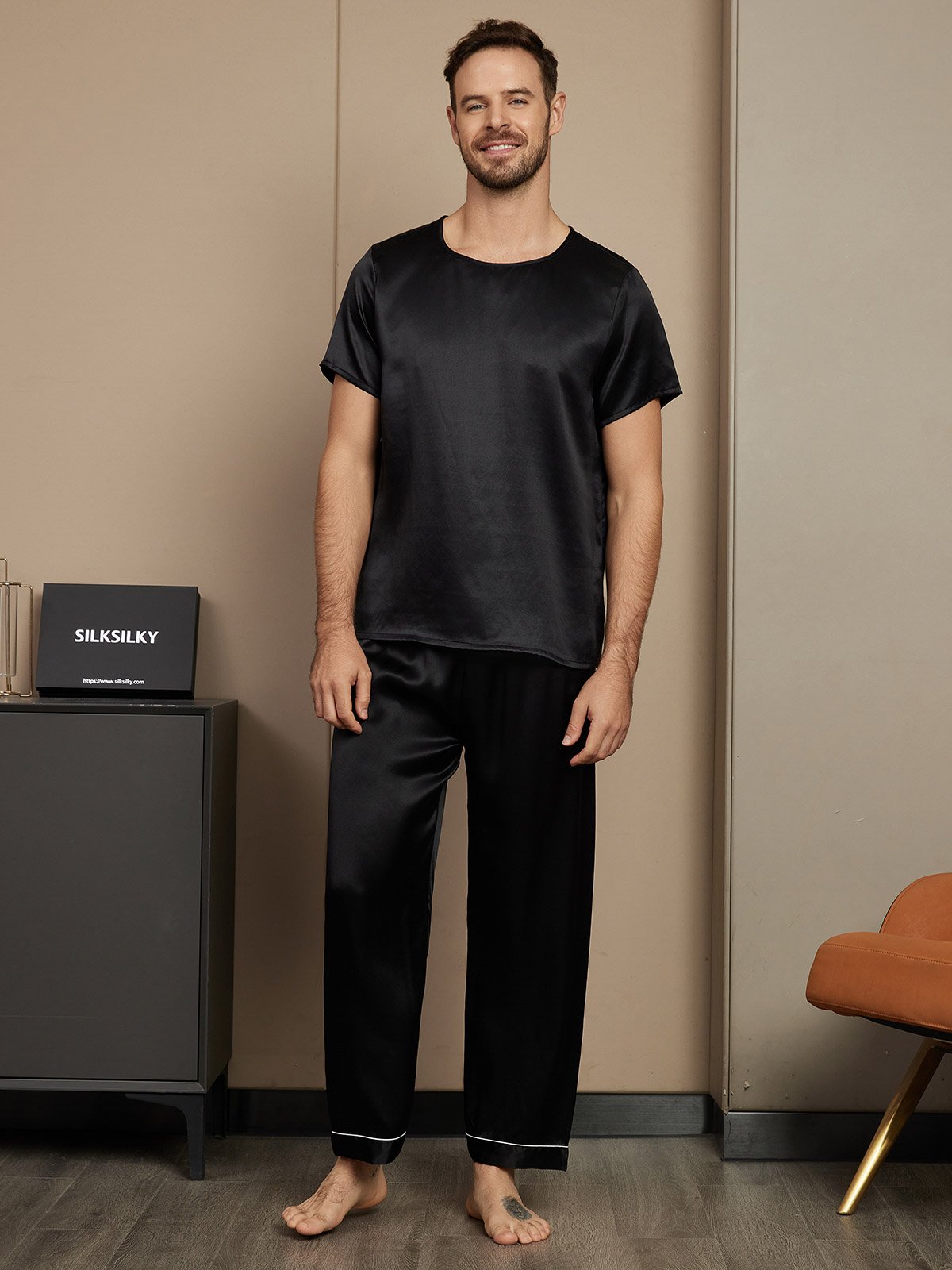 [Black] SilkSilky-CA Pure Silk Short Sleeve Round Neck Men's Pajamas 001