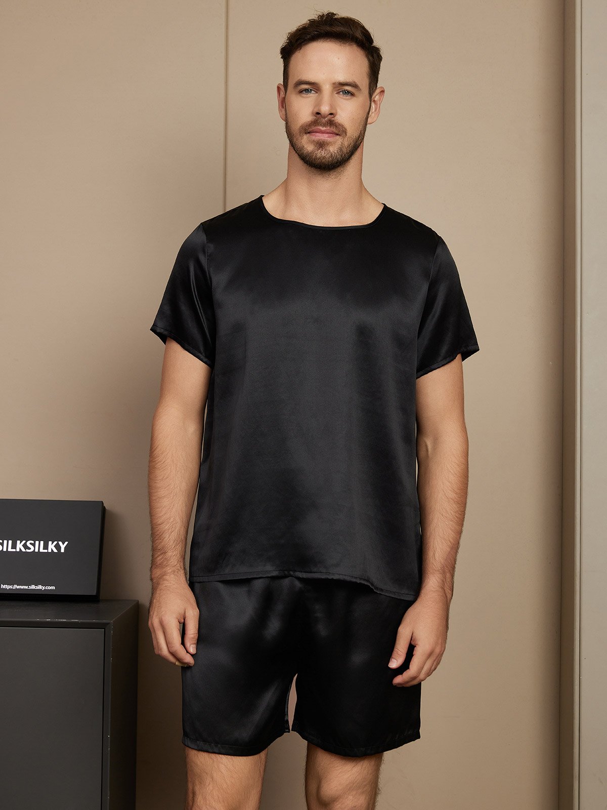 [Black] SilkSilky-CA Pure Silk Short Sleeve Round Neck Men's Pajamas 001