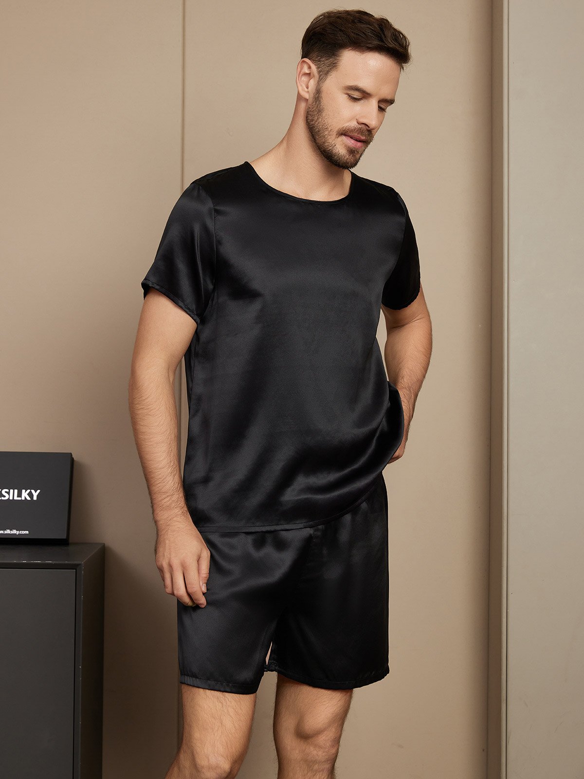 [Black] SilkSilky-CA Pure Silk Short Sleeve Round Neck Men's Pajamas 003
