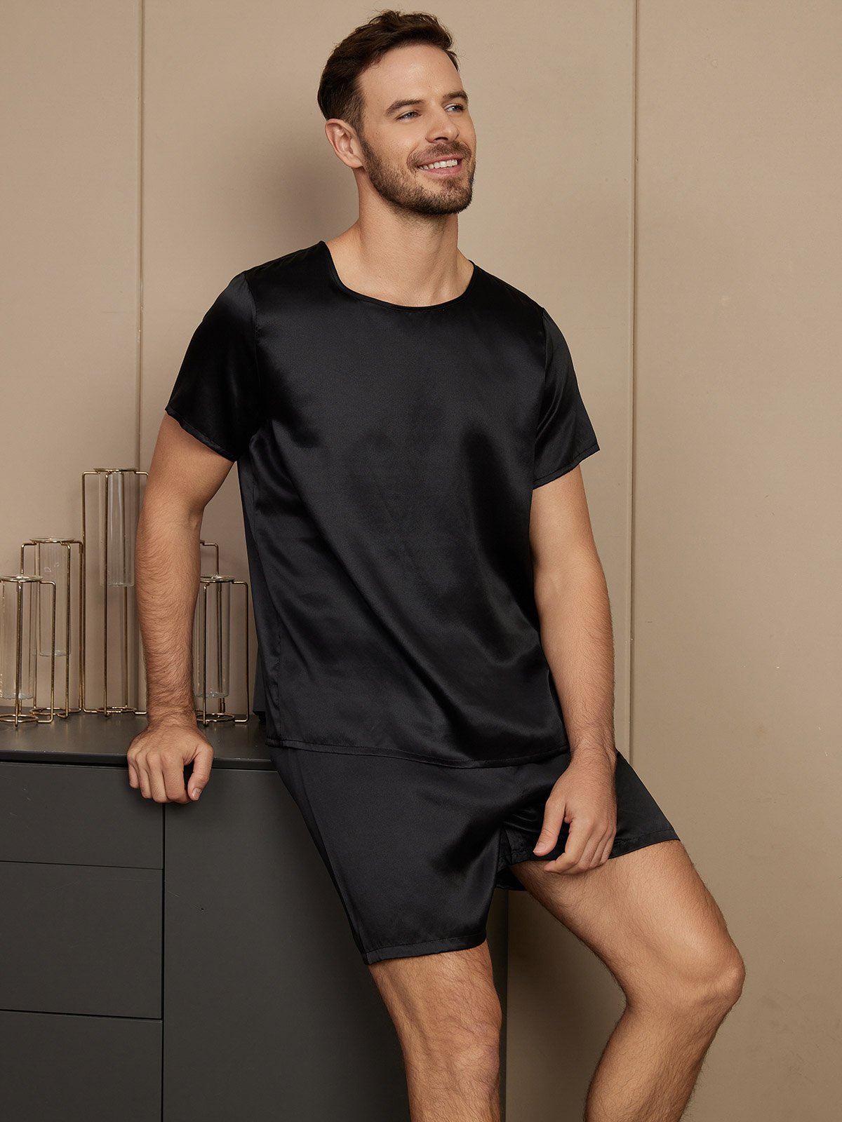 [Black] SilkSilky-CA Pure Silk Short Sleeve Round Neck Men's Pajamas 004