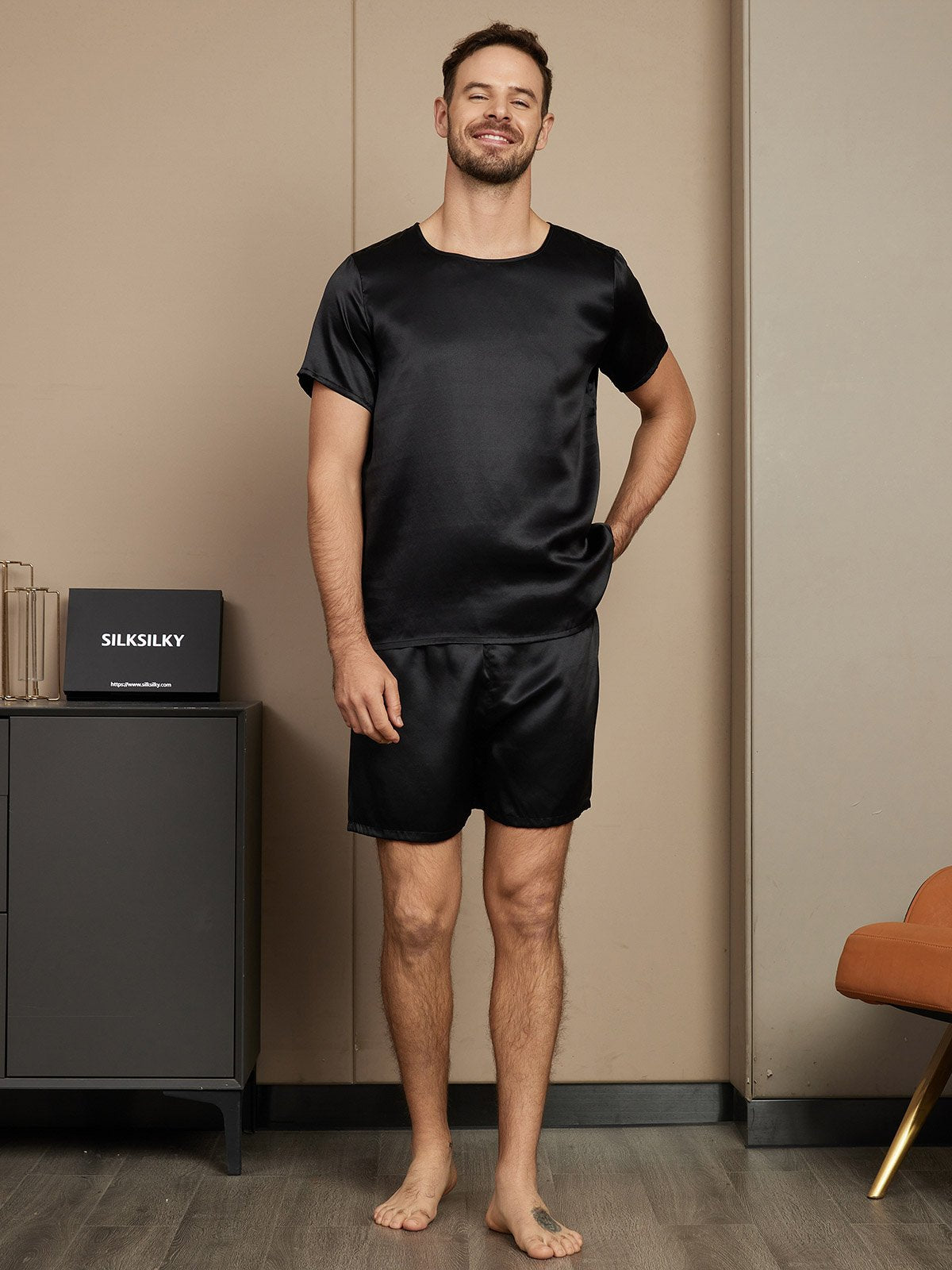[Black] SilkSilky-CA Pure Silk Short Sleeve Round Neck Men's Pajamas 005