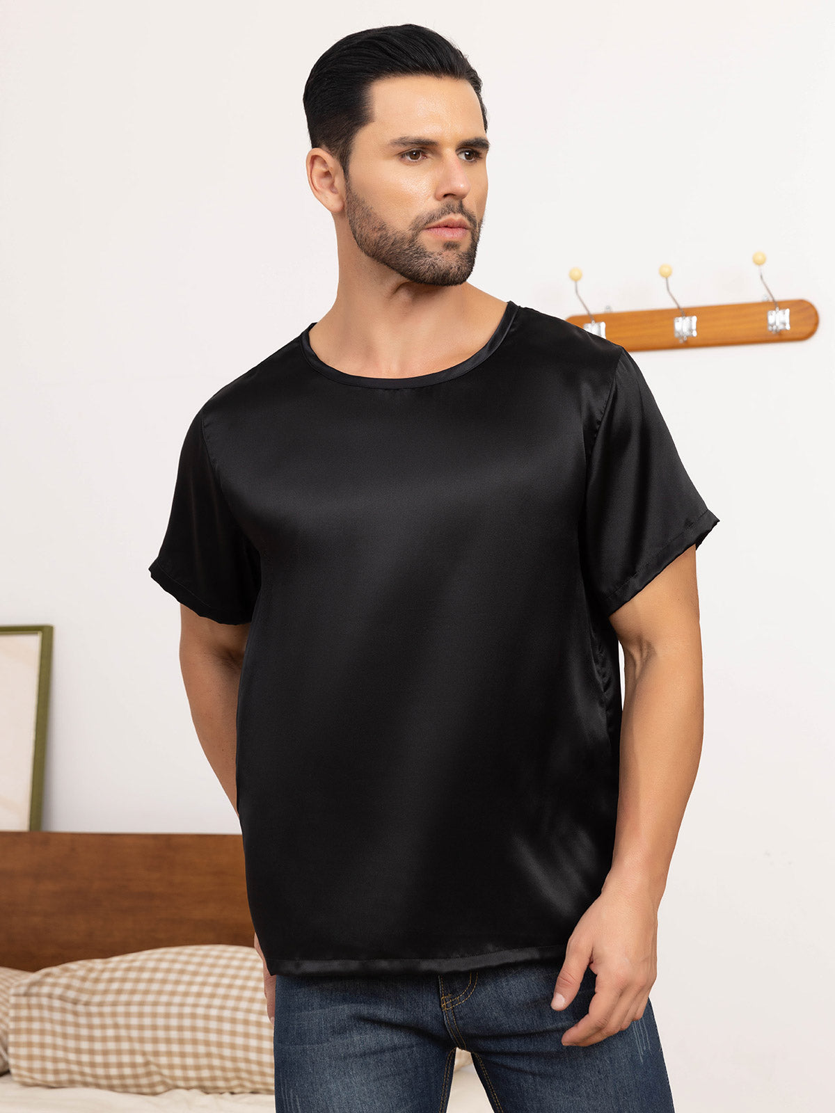 [Black] SilkSilky-CA Pure Silk Short Sleeve Round Neck Men's T-Shirt 001