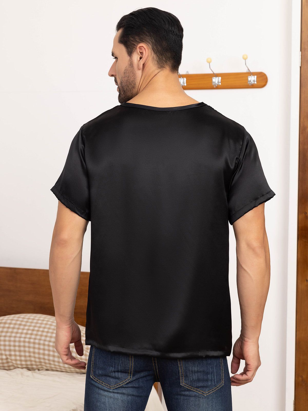 [Black] SilkSilky-CA Pure Silk Short Sleeve Round Neck Men's T-Shirt 002