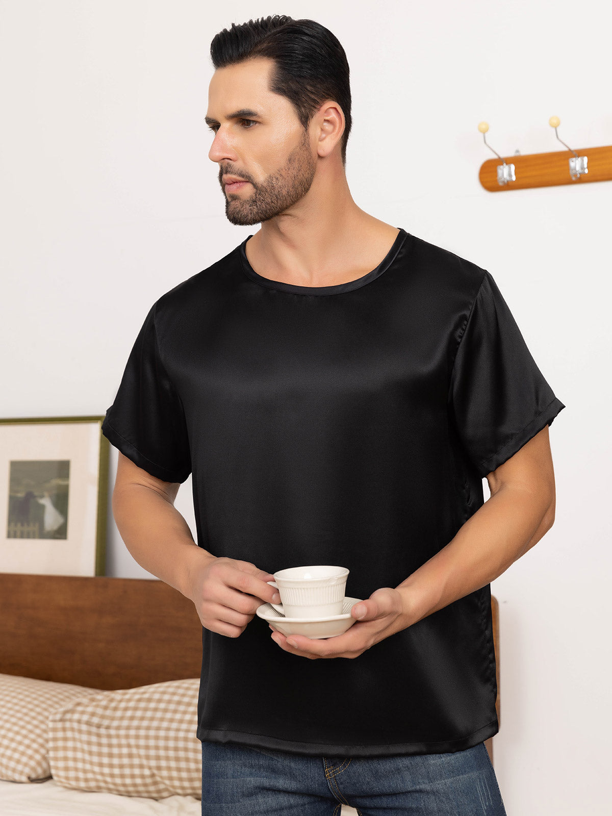 [Black] SilkSilky-CA Pure Silk Short Sleeve Round Neck Men's T-Shirt 005