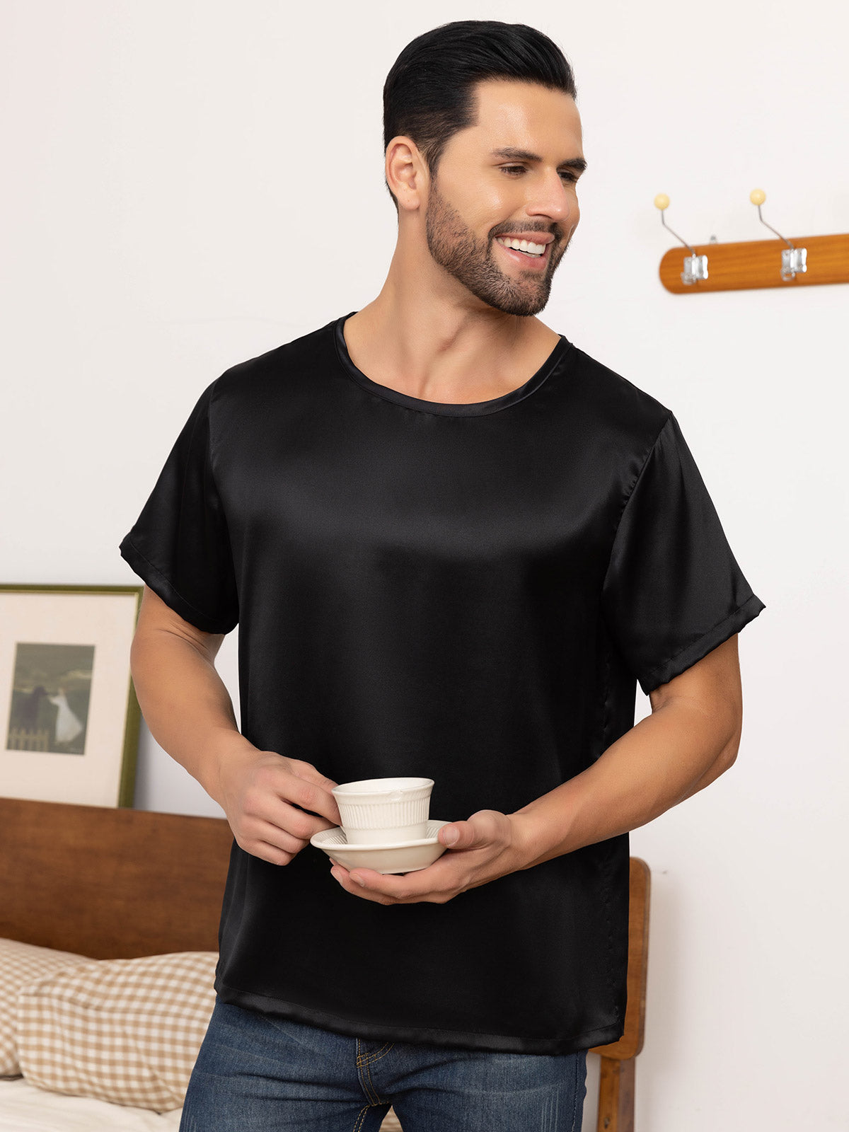 [Black] SilkSilky-CA Pure Silk Short Sleeve Round Neck Men's T-Shirt 006