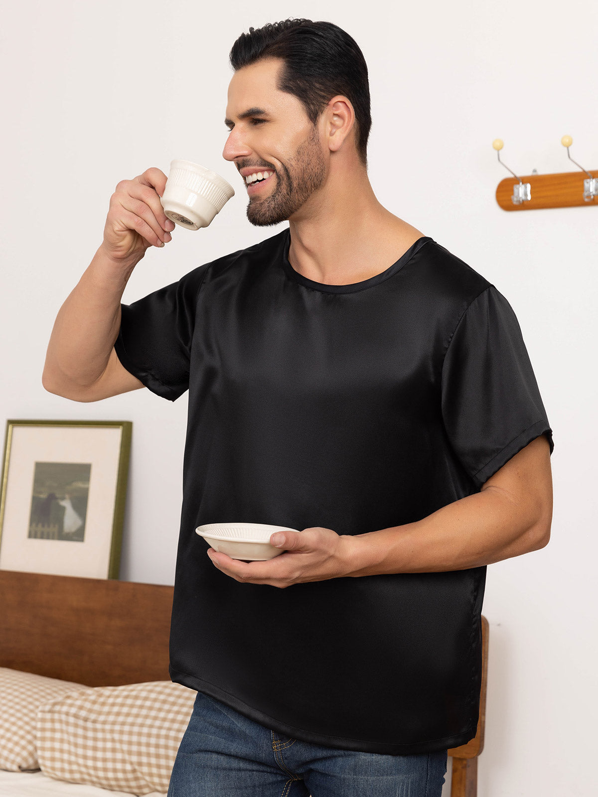 [Black] SilkSilky-CA Pure Silk Short Sleeve Round Neck Men's T-Shirt 007