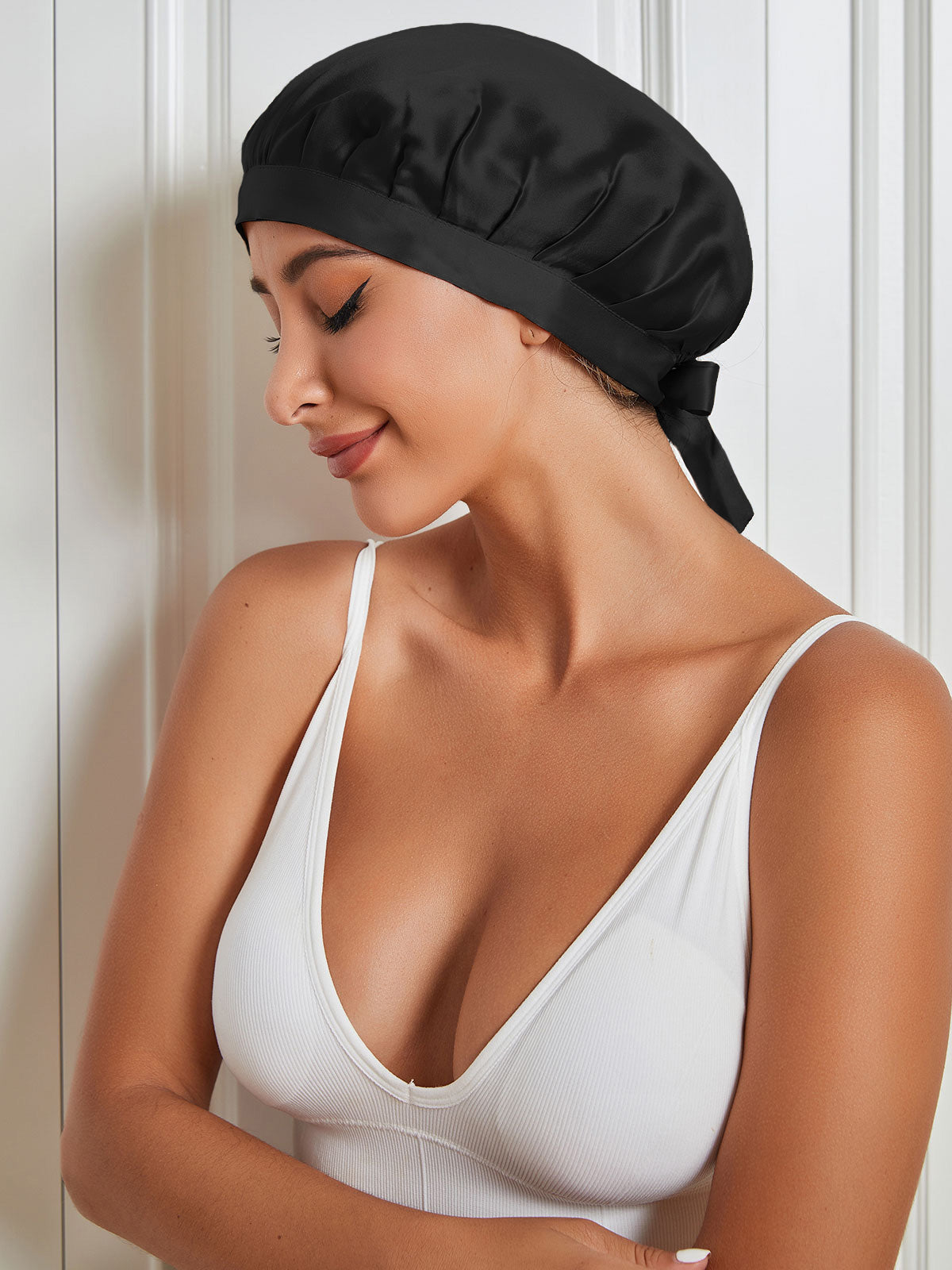 [Black] SilkSilky-CA Pure Silk Sleep Cap 001