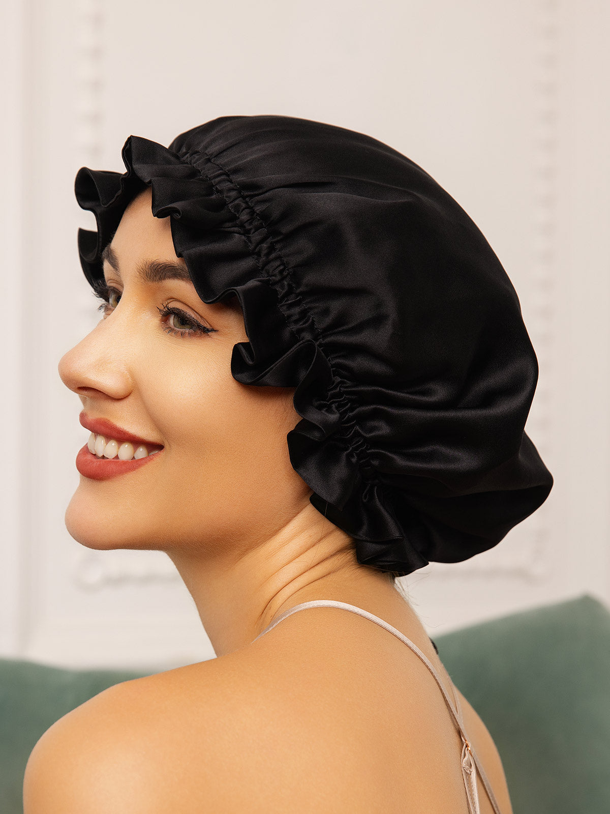 [Black] SilkSilky-CA Pure Silk Sleep Cap 001