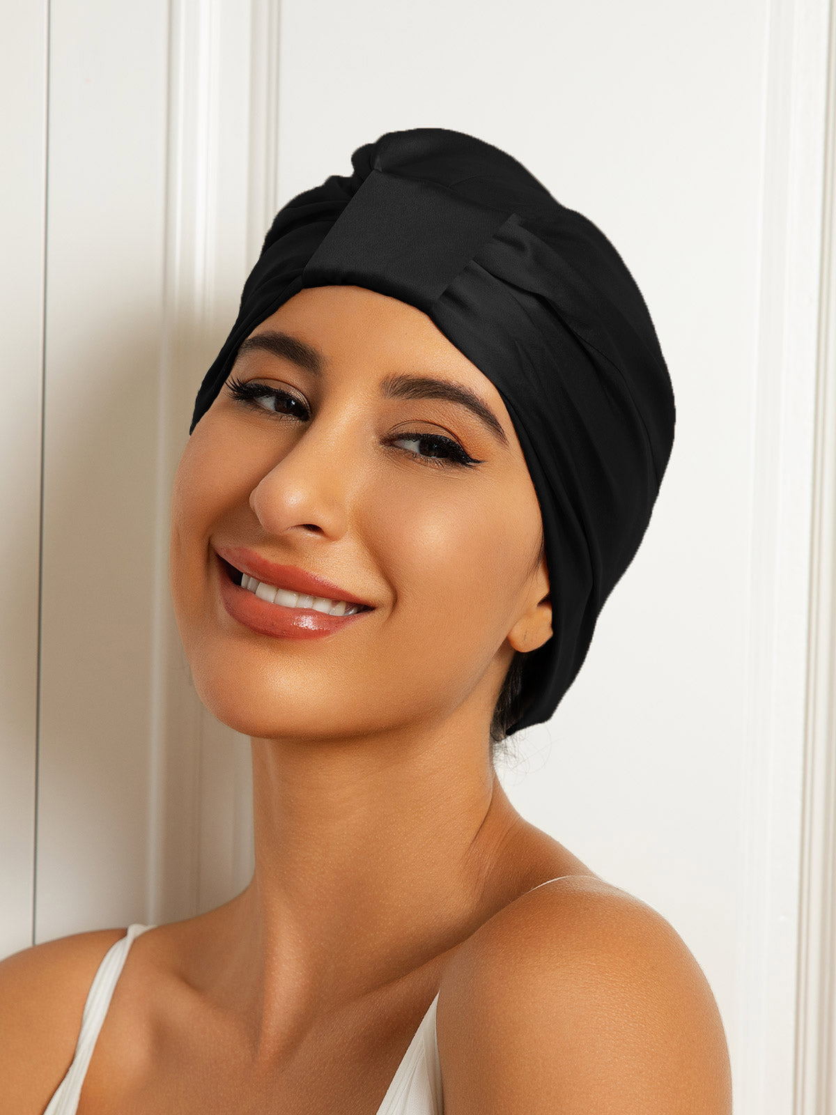 [Black] SilkSilky-CA Pure Silk Sleep Cap 001