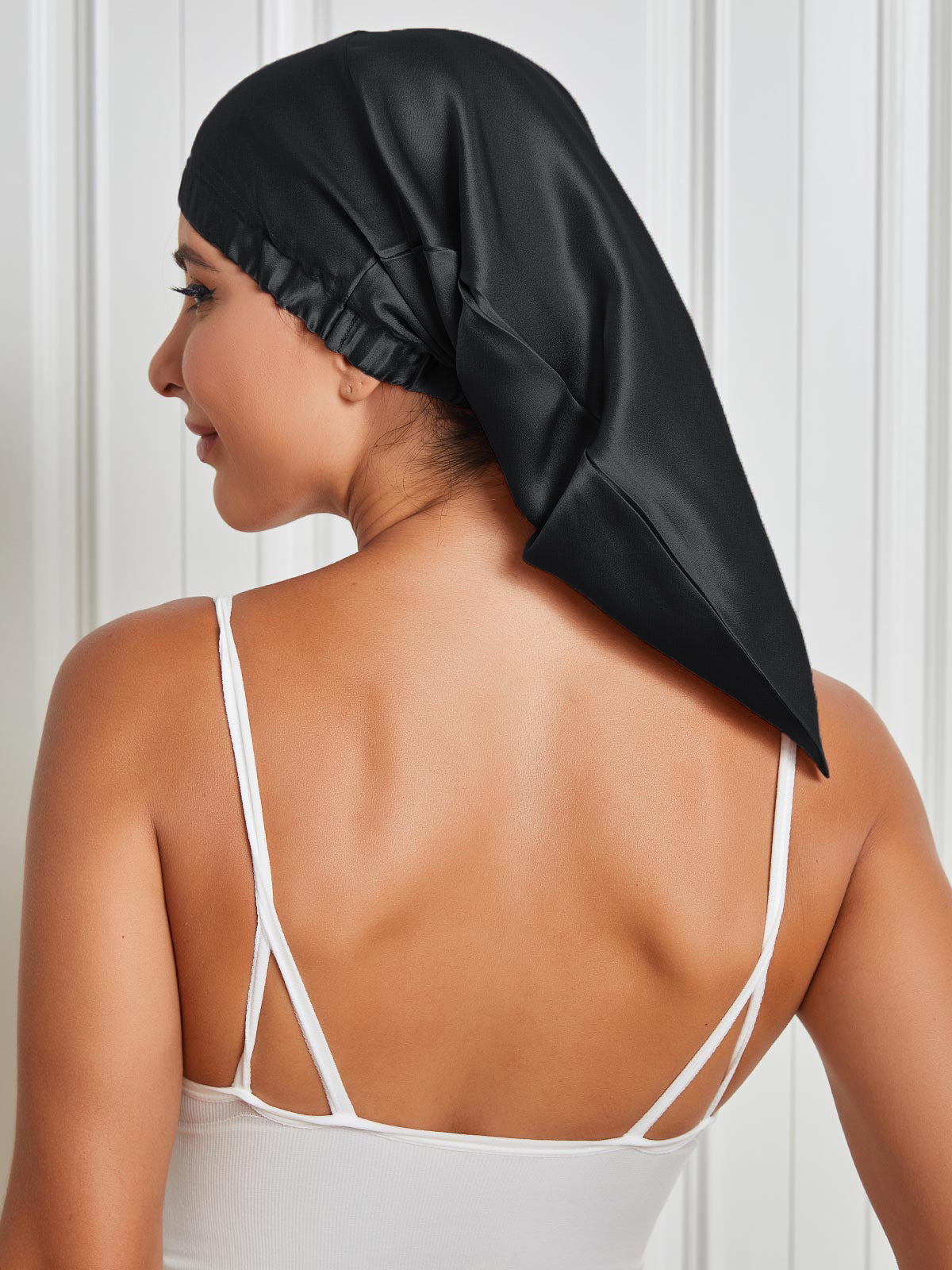 [Black] SilkSilky-CA Pure Silk Sleep Cap 001