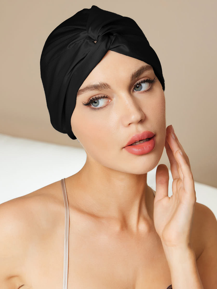 [Black] SilkSilky-CA Pure Silk Sleep Cap 001