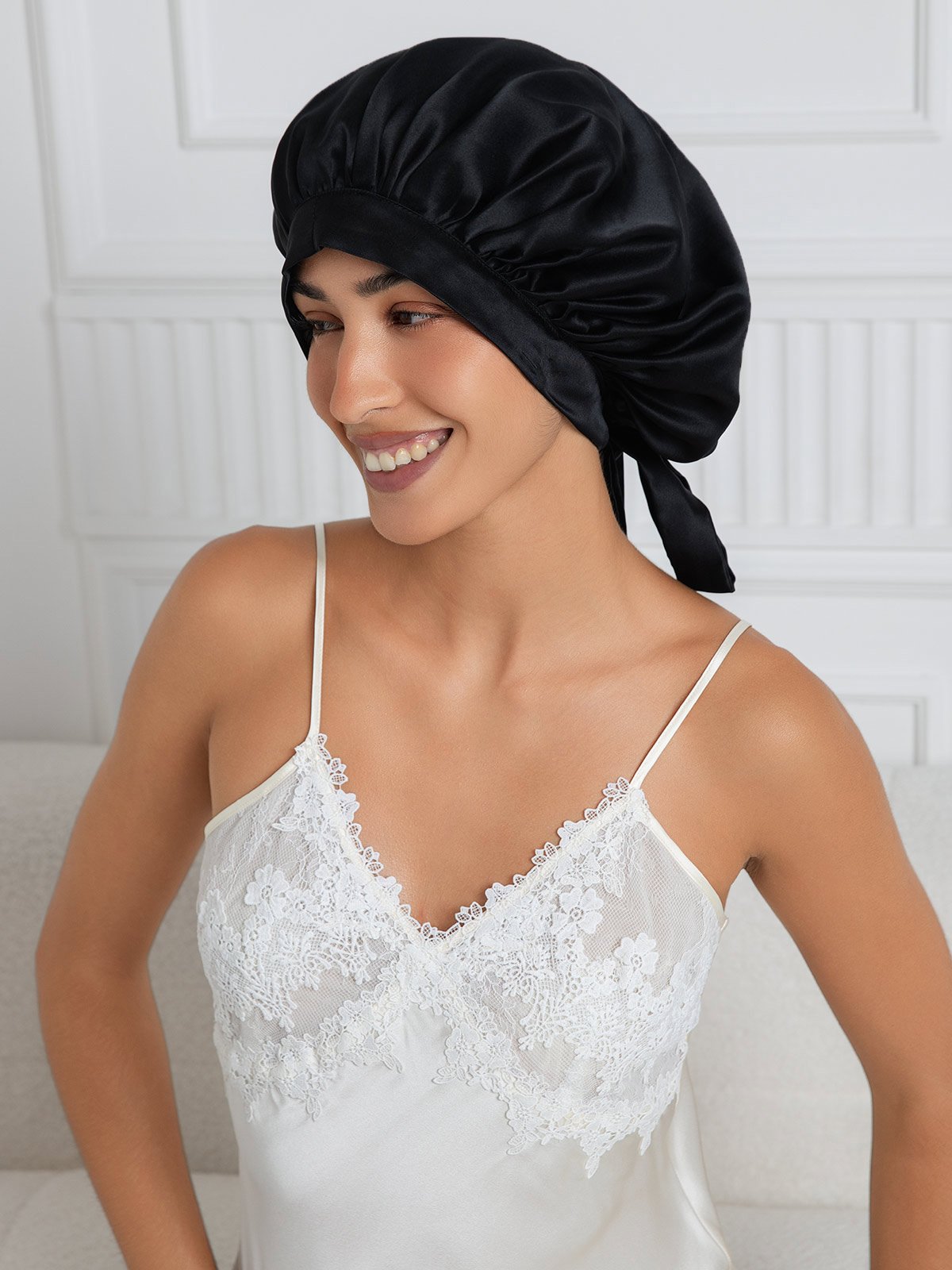 [Black] SilkSilky-CA Pure Silk Sleep Cap 001