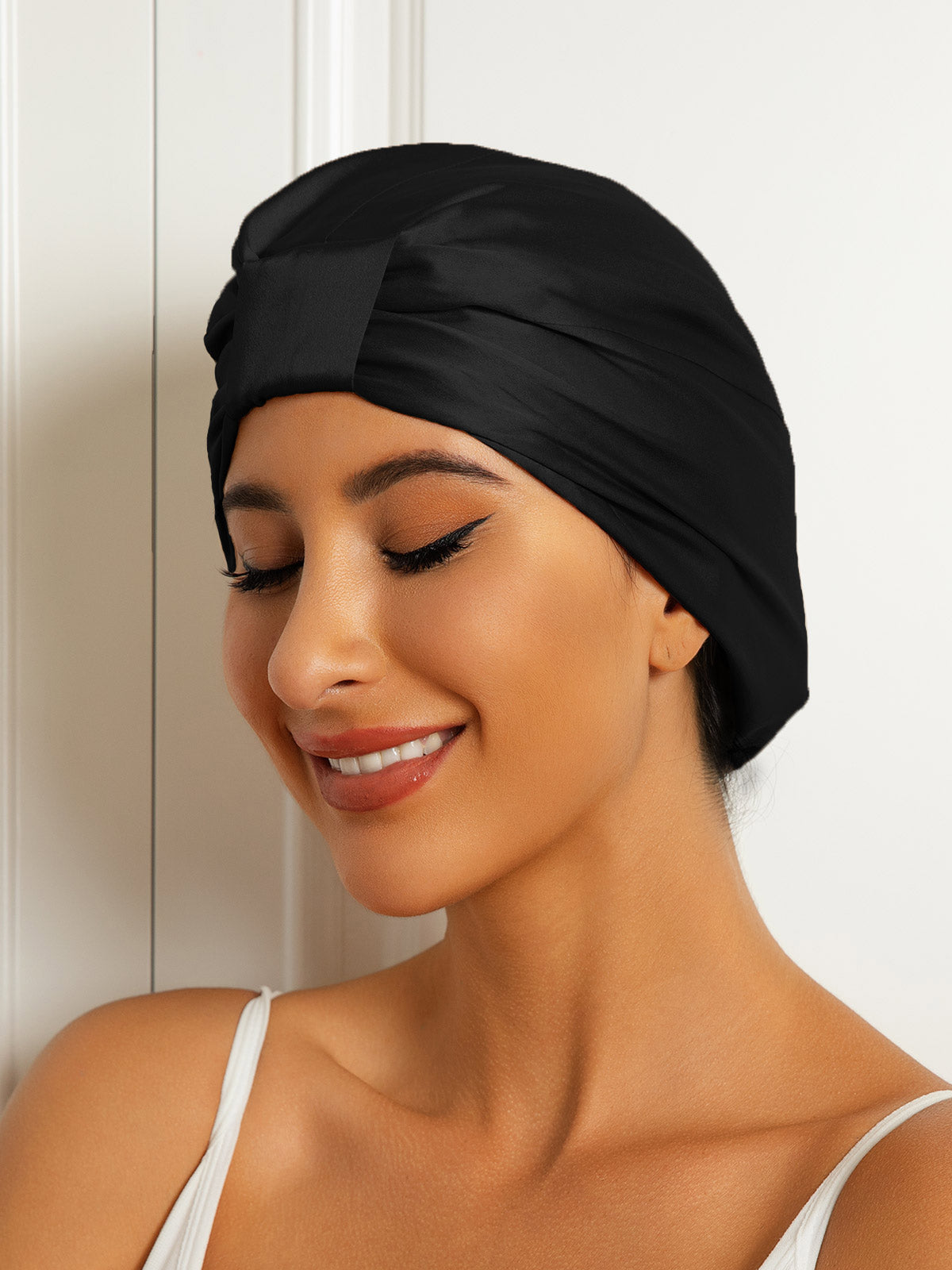 [Black] SilkSilky-CA Pure Silk Sleep Cap 002