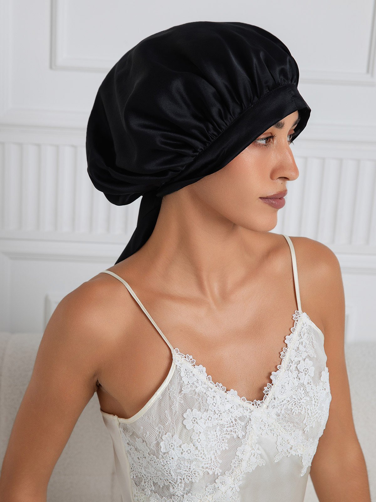 [Black] SilkSilky-CA Pure Silk Sleep Cap 002