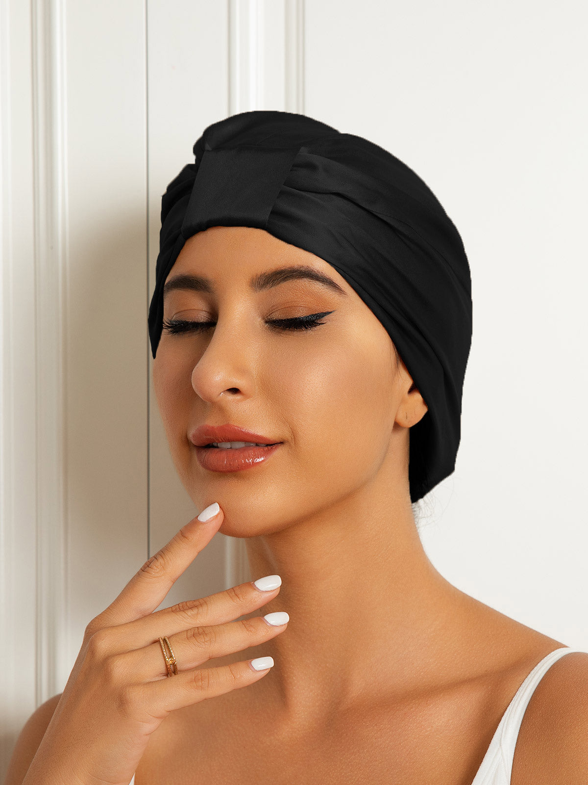 [Black] SilkSilky-CA Pure Silk Sleep Cap 003