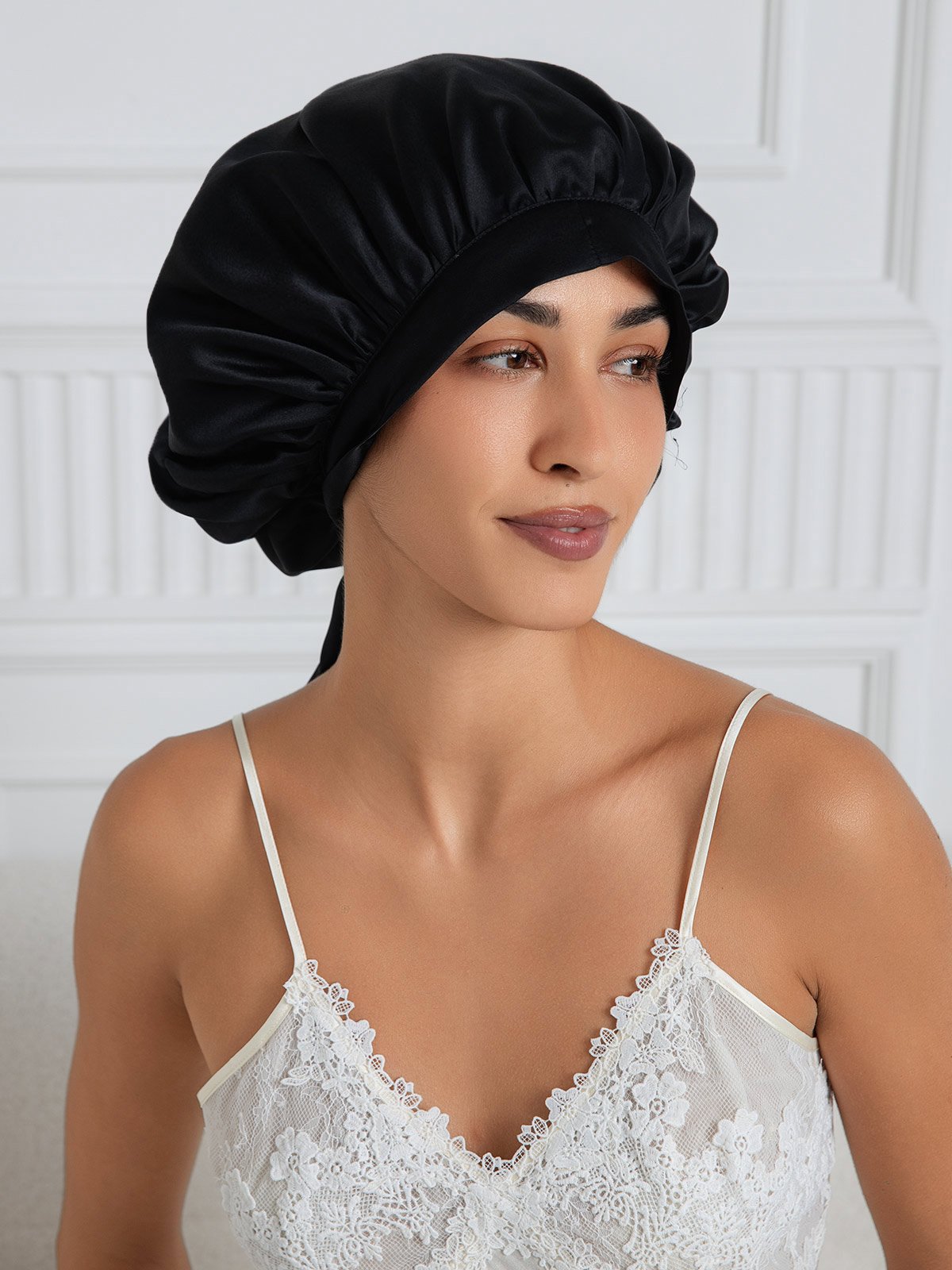[Black] SilkSilky-CA Pure Silk Sleep Cap 003