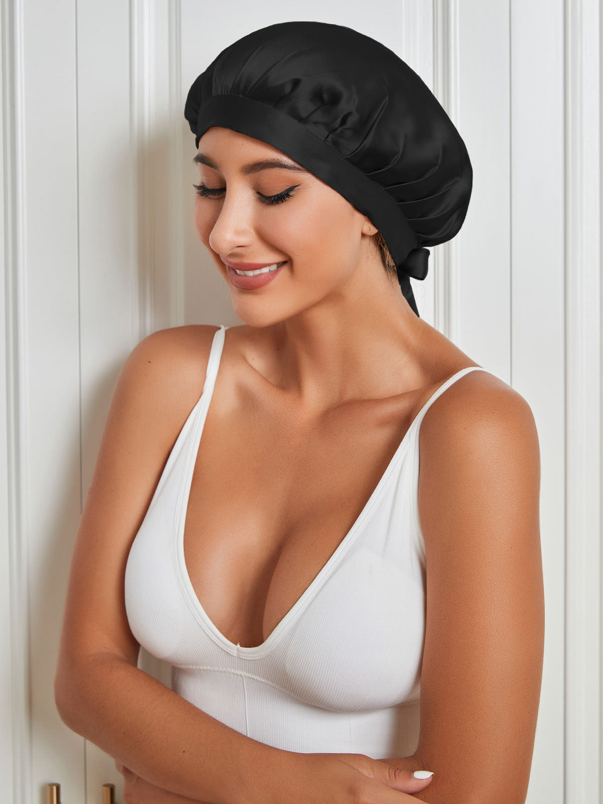 [Black] SilkSilky-CA Pure Silk Sleep Cap 004