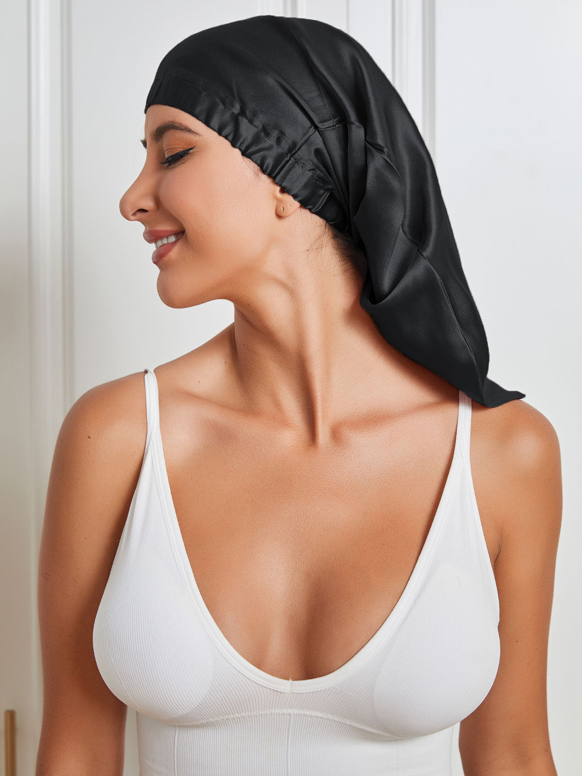 [Black] SilkSilky-CA Pure Silk Sleep Cap 004