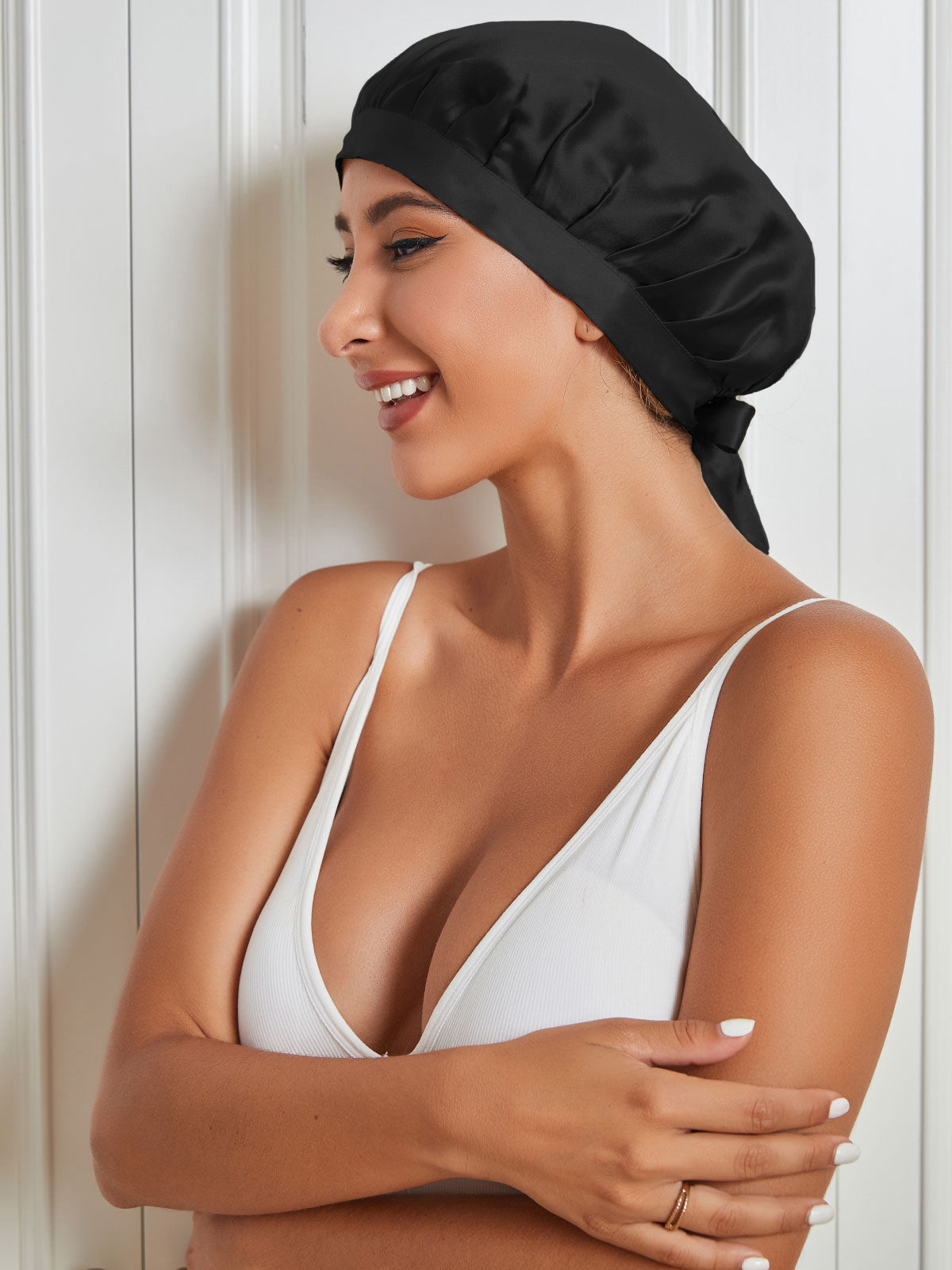 [Black] SilkSilky-CA Pure Silk Sleep Cap 005