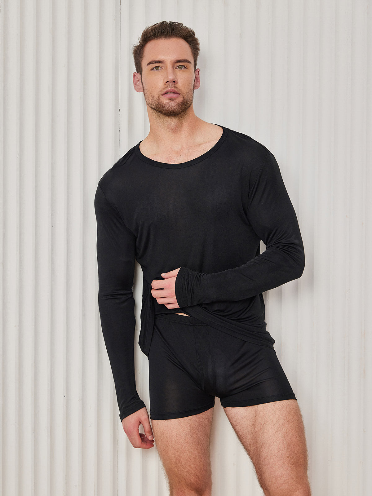 [Black] SilkSilky-CA Silk Knitted Long Sleeve Round Neck Men's T-Shirt 003