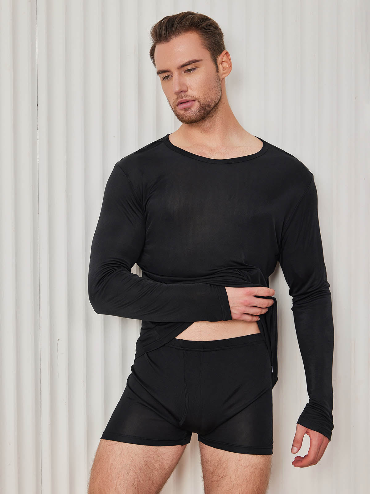 [Black] SilkSilky-CA Silk Knitted Long Sleeve Round Neck Men's T-Shirt 004