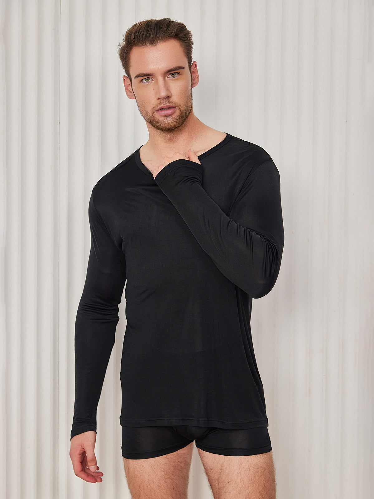 [Black] SilkSilky-CA Silk Knitted Long Sleeve Round Neck Men's T-Shirt 005