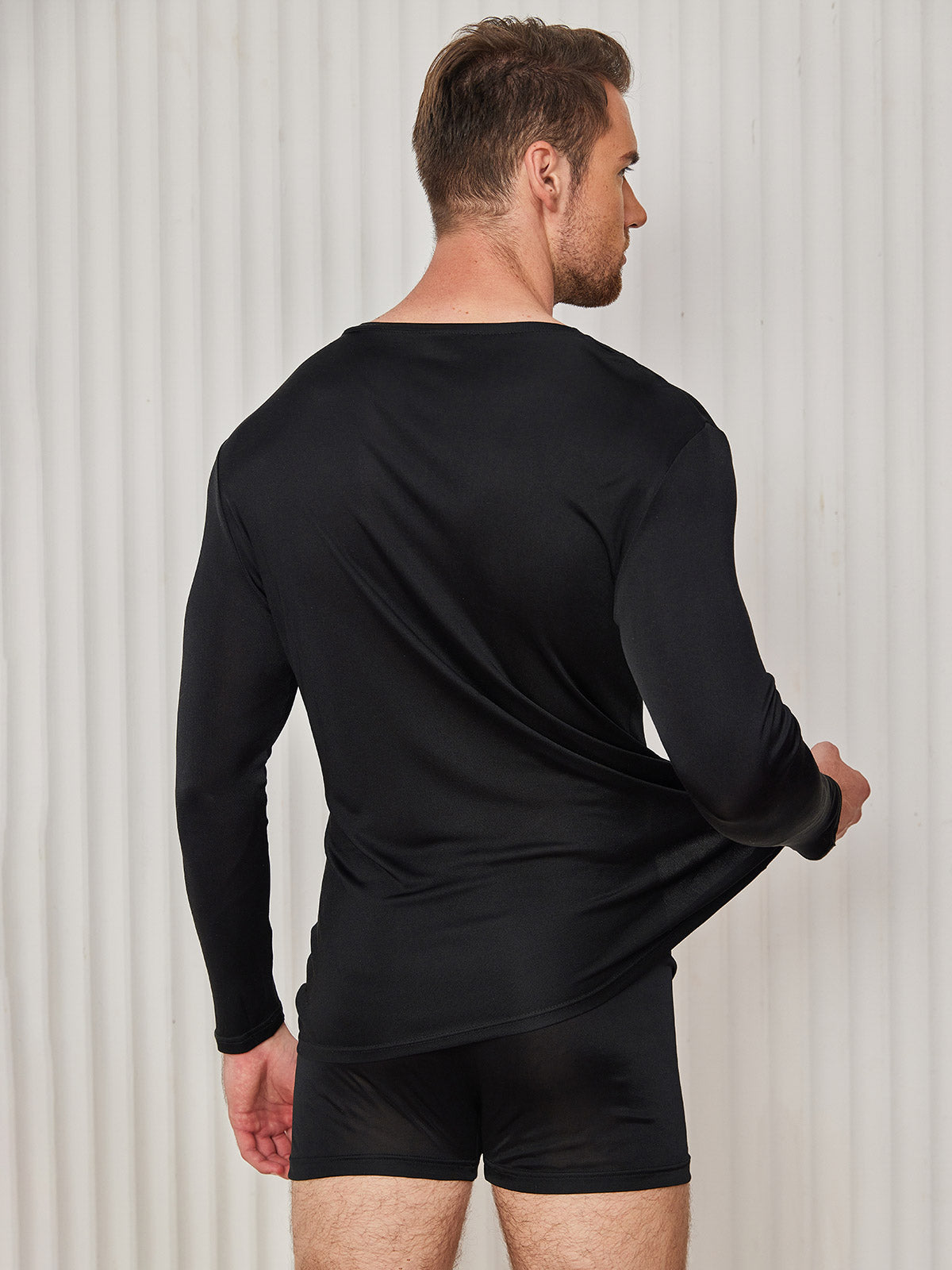 [Black] SilkSilky-CA Silk Knitted Long Sleeve V Neck Men's T-Shirt 002