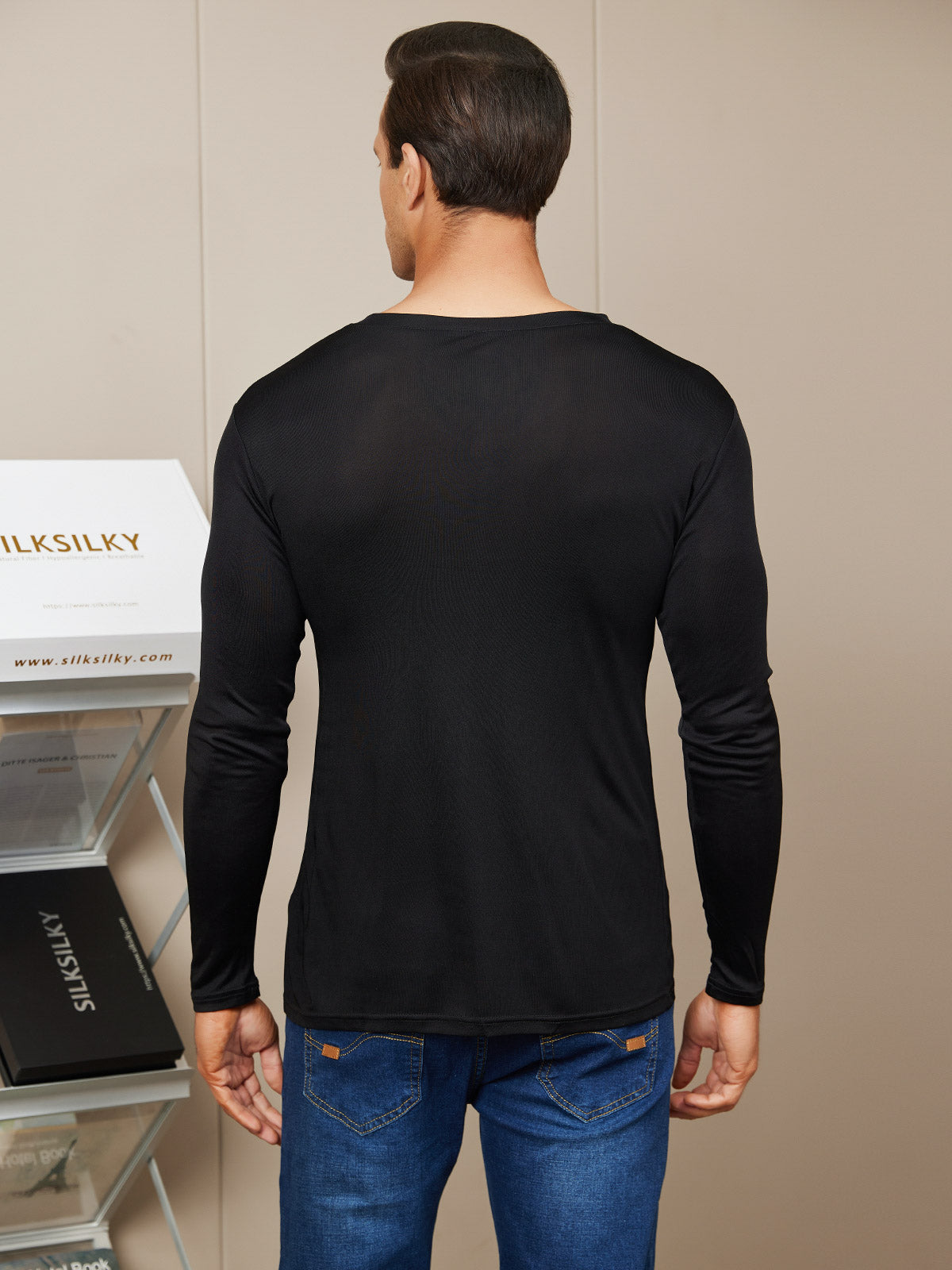 [Black] SilkSilky-CA Silk Knitted Long Sleeve V Neck Men's T-Shirt 002