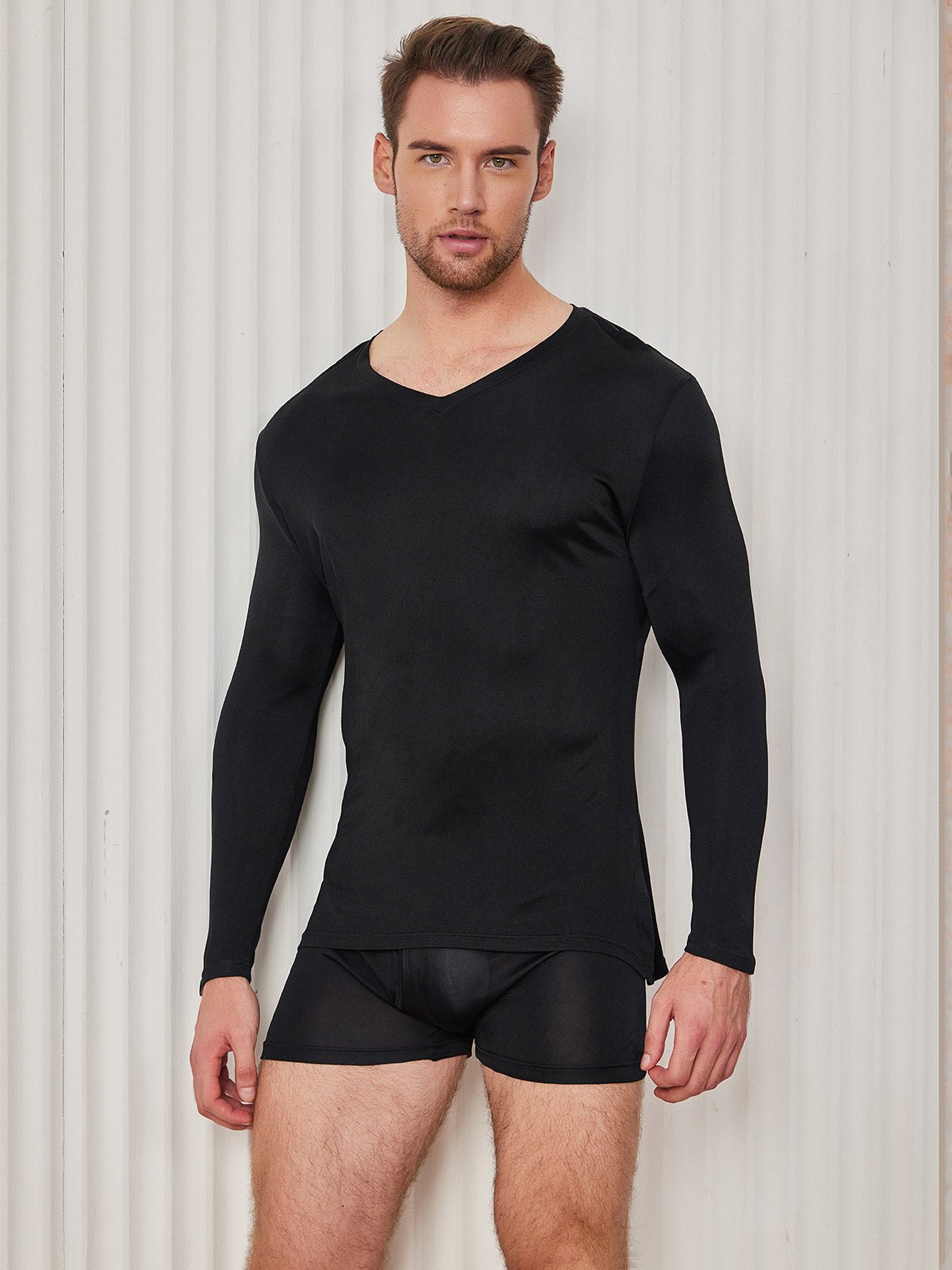 [Black] SilkSilky-CA Silk Knitted Long Sleeve V Neck Men's T-Shirt 003