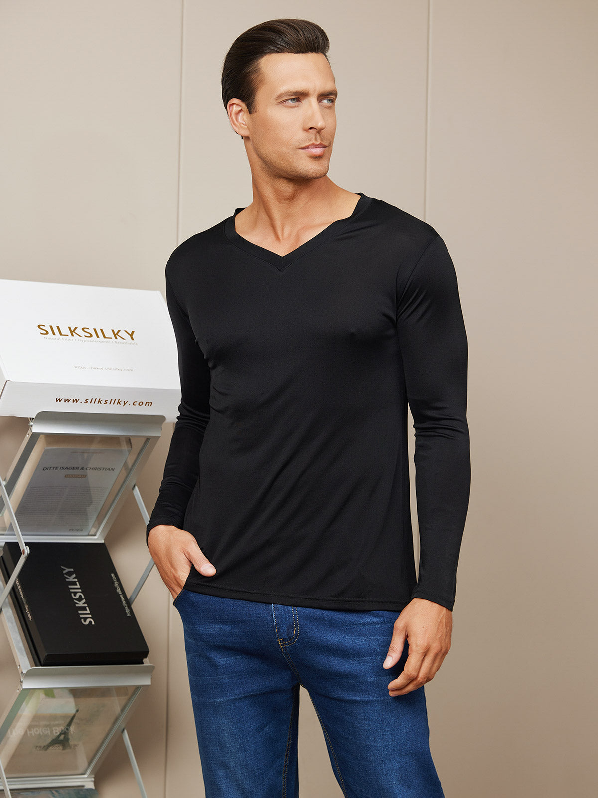 [Black] SilkSilky-CA Silk Knitted Long Sleeve V Neck Men's T-Shirt 003