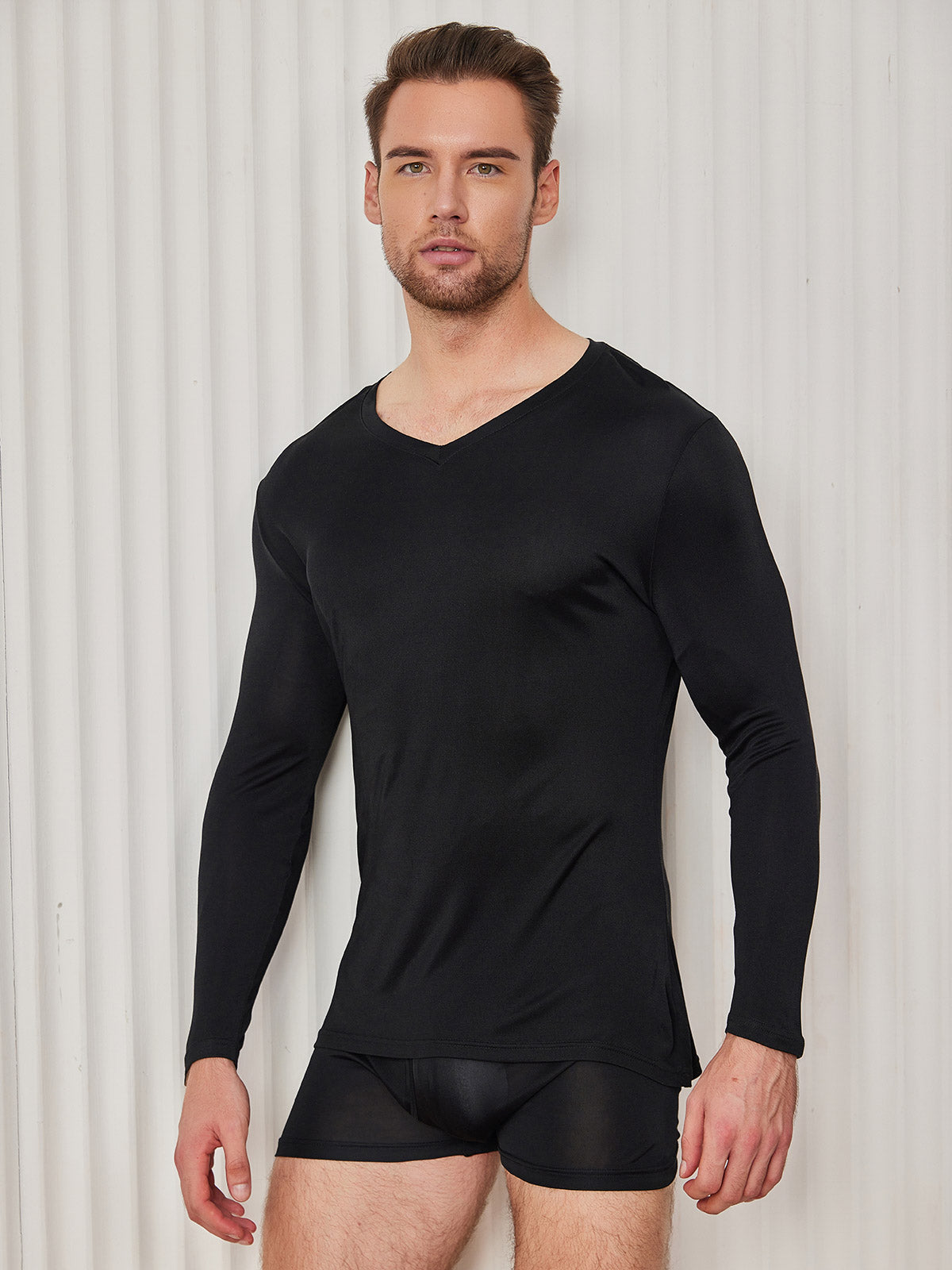 [Black] SilkSilky-CA Silk Knitted Long Sleeve V Neck Men's T-Shirt 004