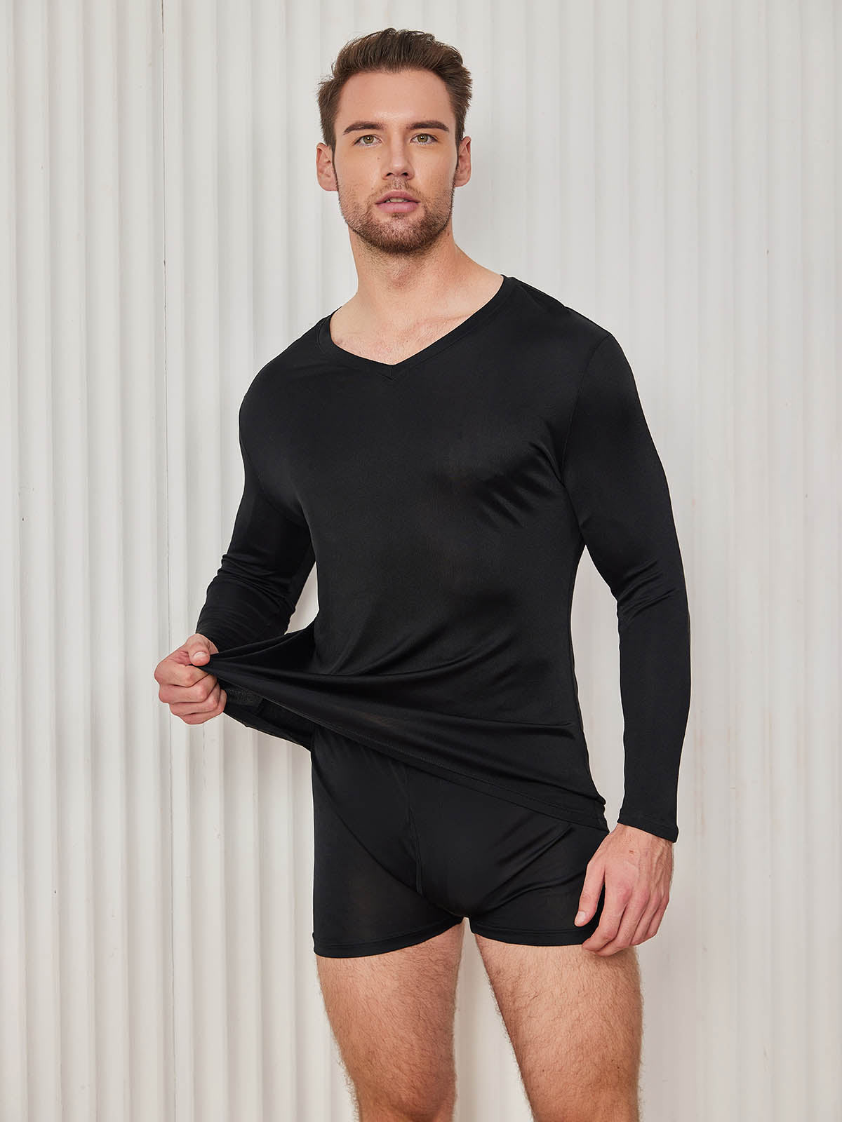 [Black] SilkSilky-CA Silk Knitted Long Sleeve V Neck Men's T-Shirt 005