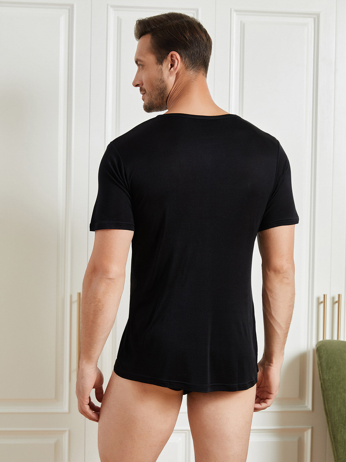 [Black] SilkSilky-CA Silk Knitted Short Sleeve Round Neck Men's T-Shirt 002