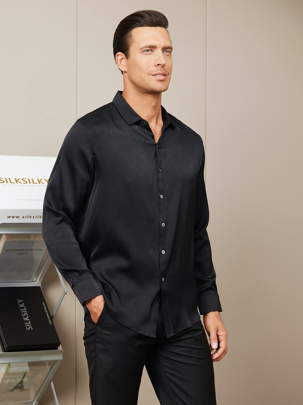 [Black] SilkSilky-CA Silk Long Sleeve Collar Men's Shirt 001