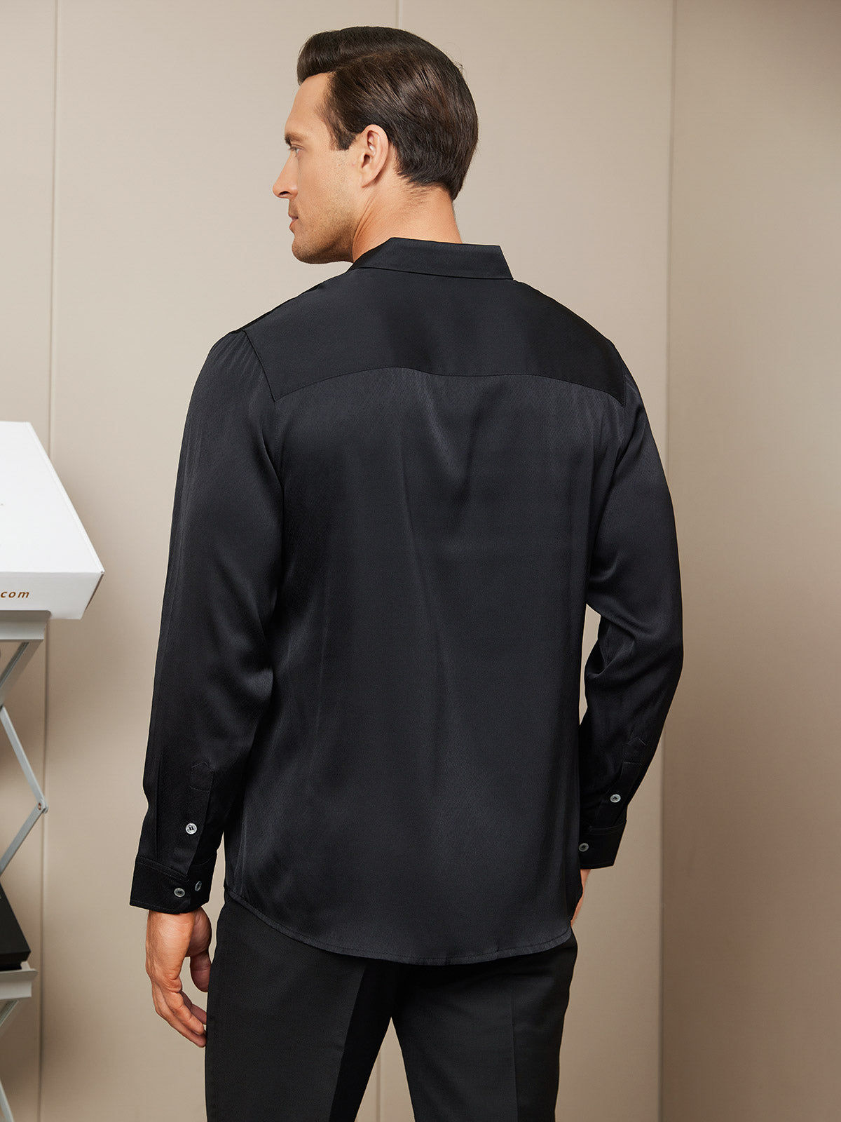 [Black] SilkSilky-CA Silk Long Sleeve Collar Men's Shirt 002