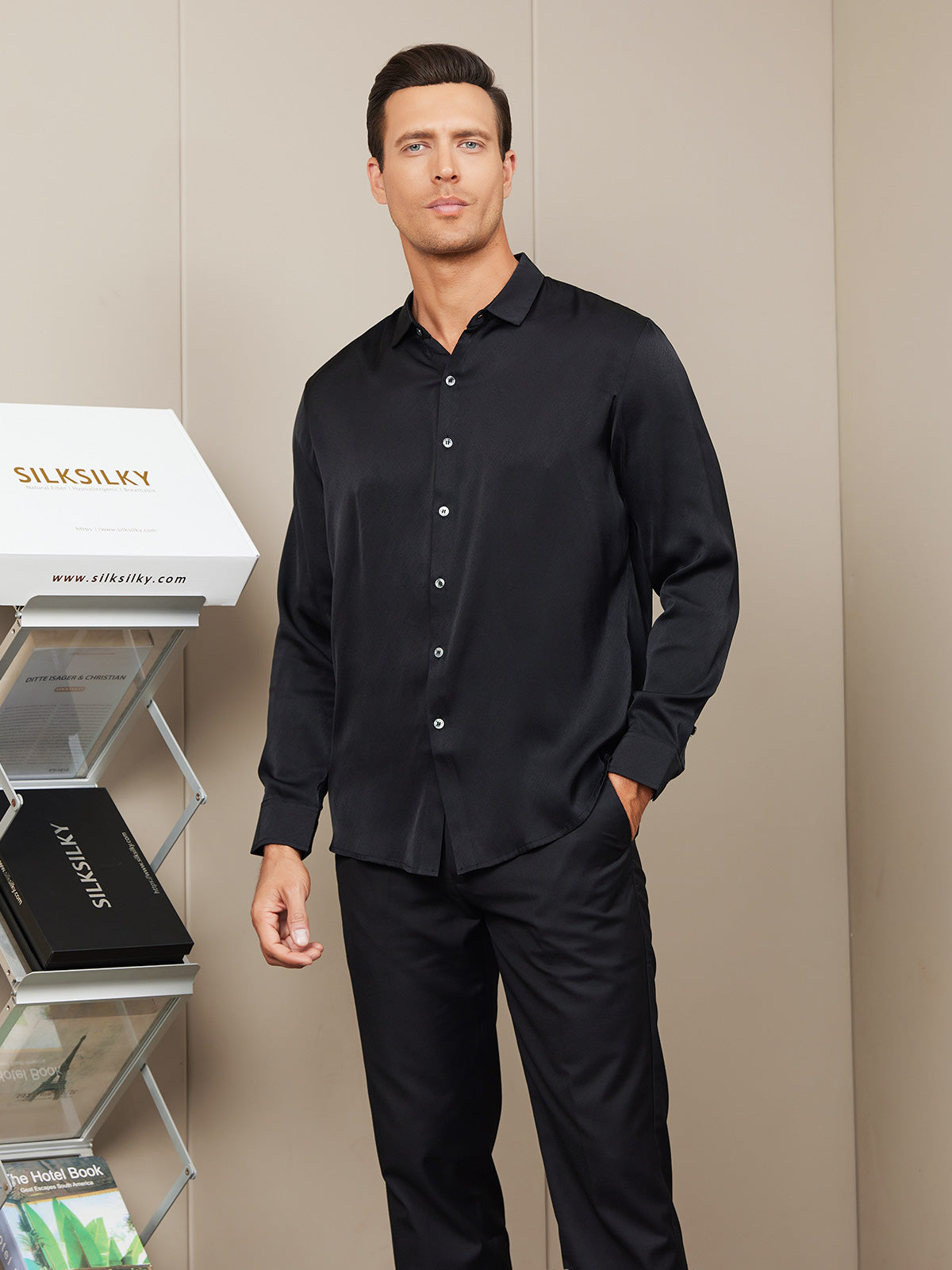 [Black] SilkSilky-CA Silk Long Sleeve Collar Men's Shirt 003