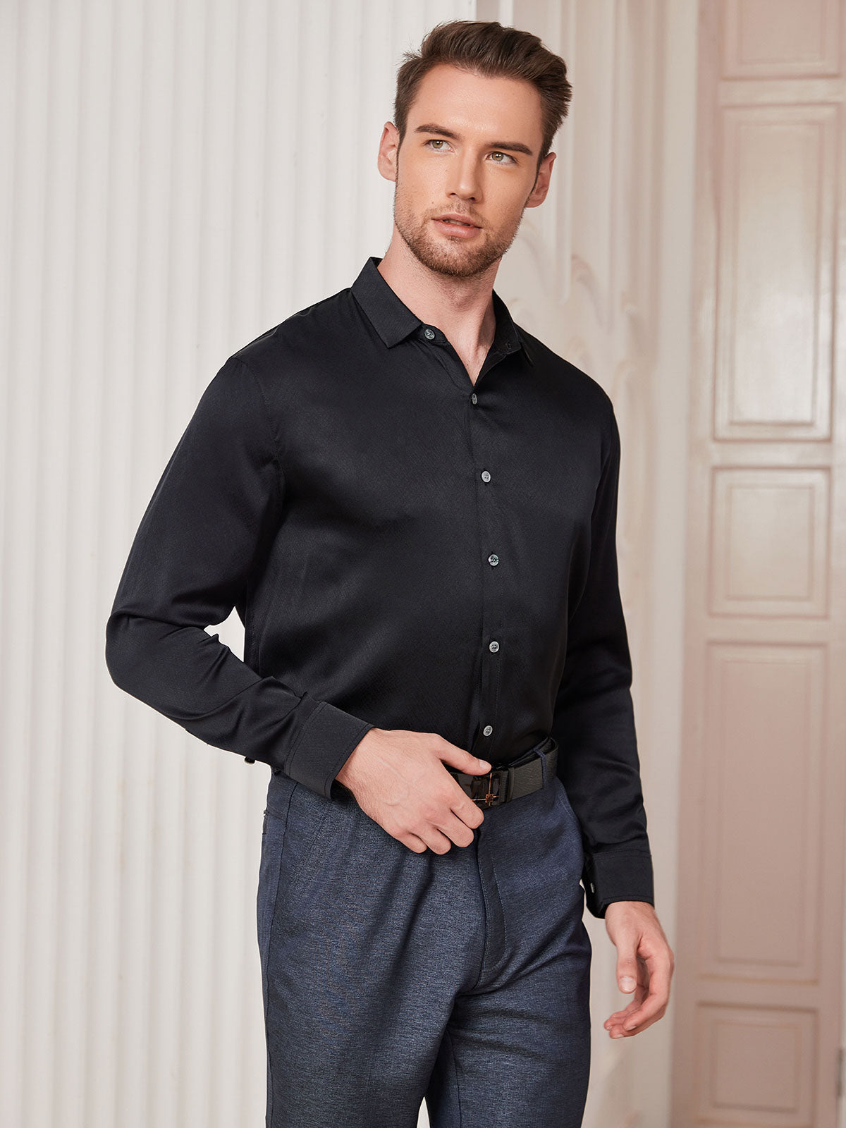 [Black] SilkSilky-CA Silk Long Sleeve Collar Men's Shirt 004