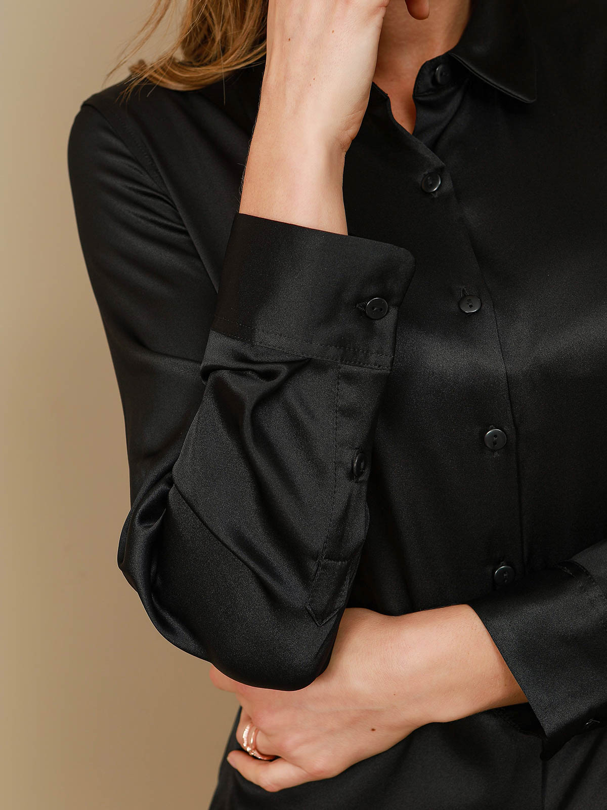 [Black] SilkSilky-CA Silk Long Sleeve Collar Women's Shirt 008