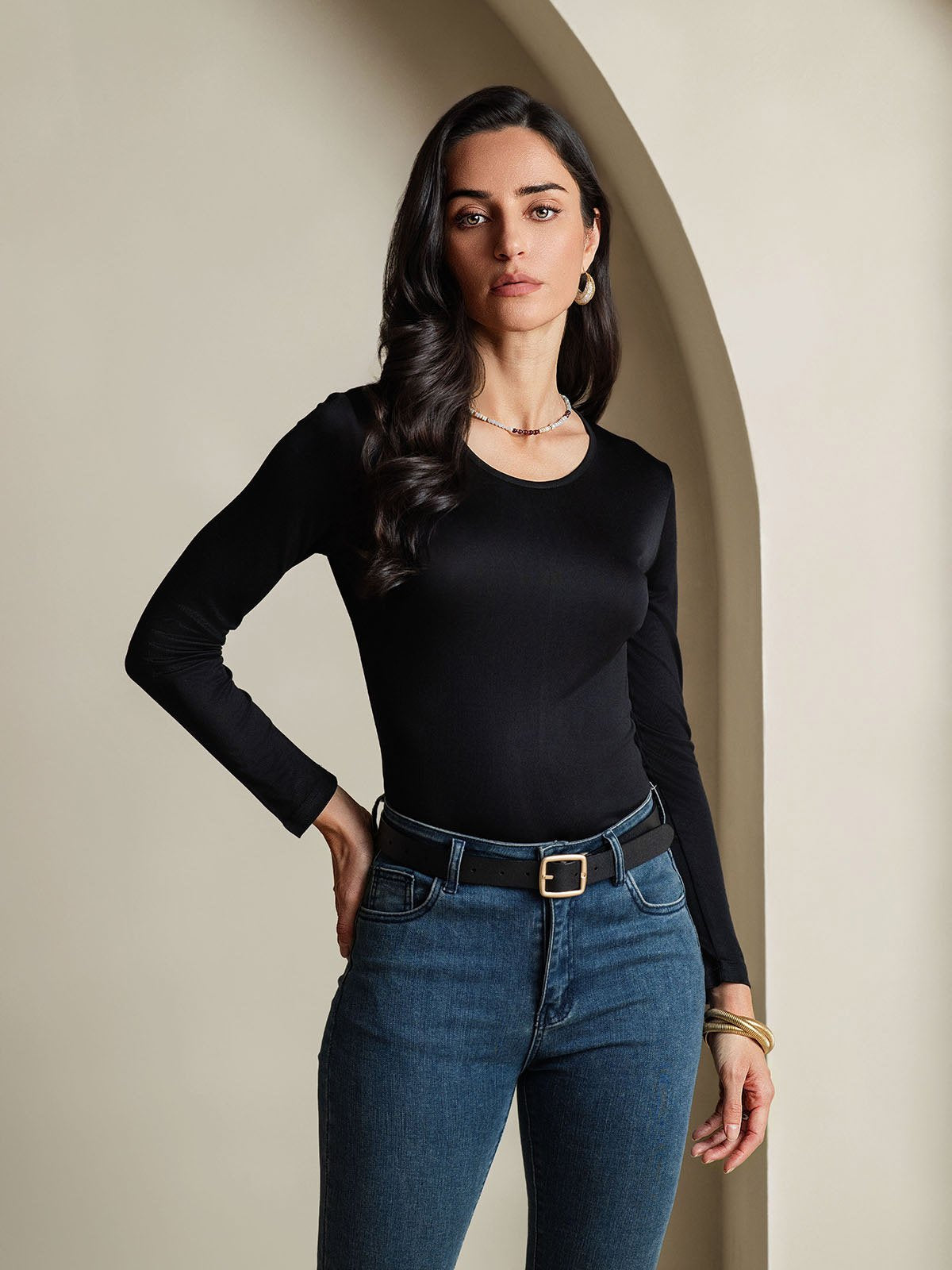 [Black] SilkSilky-CA Silk Long Sleeve Round Neck Women's T-Shirt 001